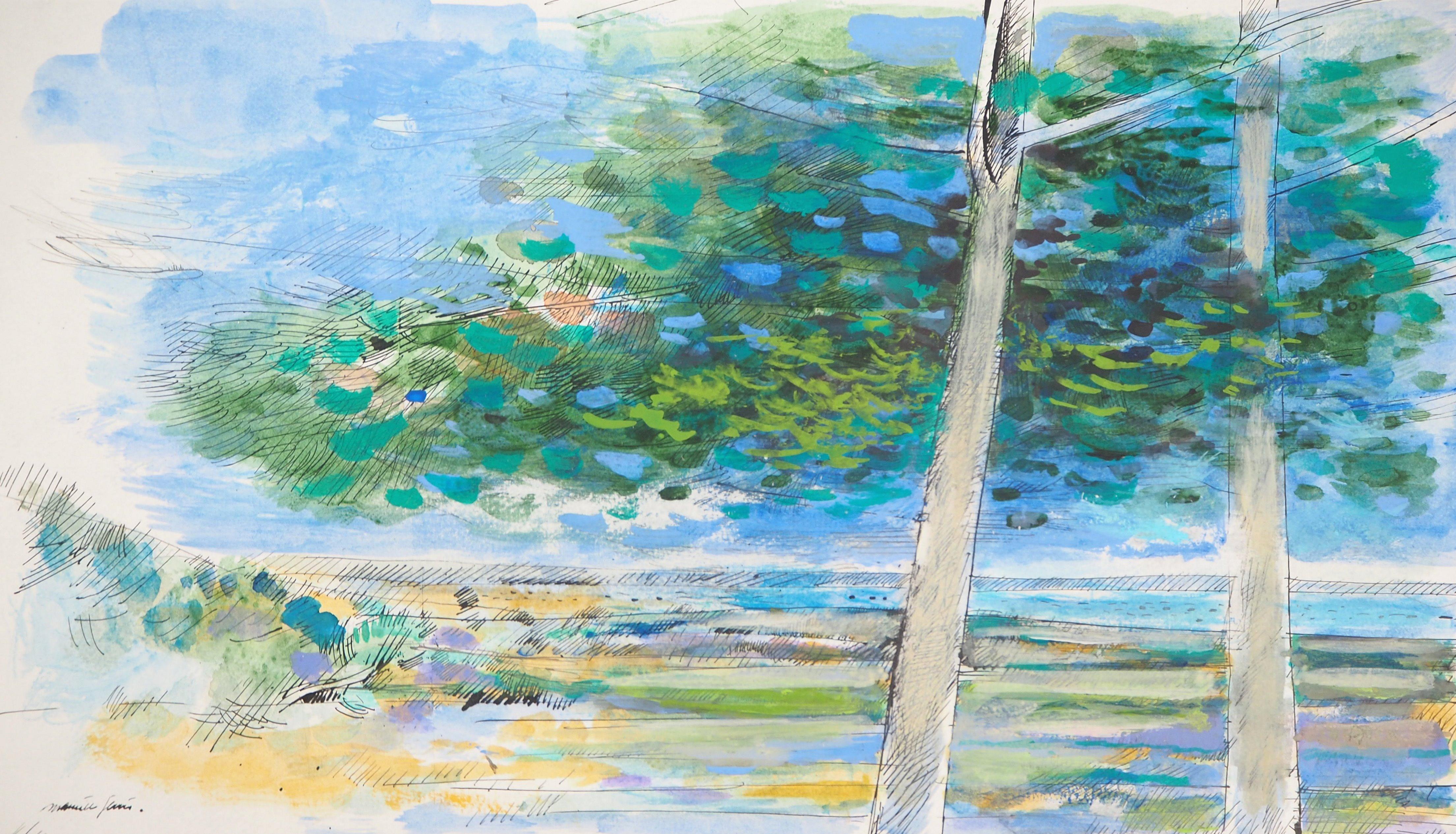 Landscape Art Maurice Genis - ZEN Calming - Peinture originale à l'aquarelle et à la gouache - Scène de nature en mouvement - Signé à la main