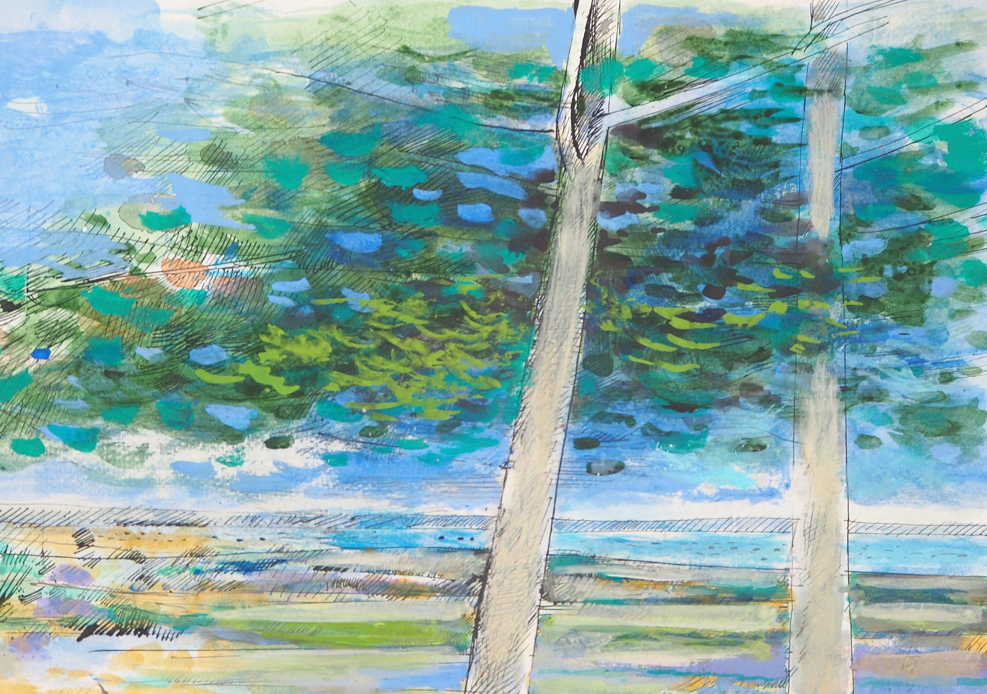 ZEN Calming - Peinture originale à l'aquarelle et à la gouache - Scène de nature en mouvement - Signé à la main - Bleu Landscape Art par Maurice Genis