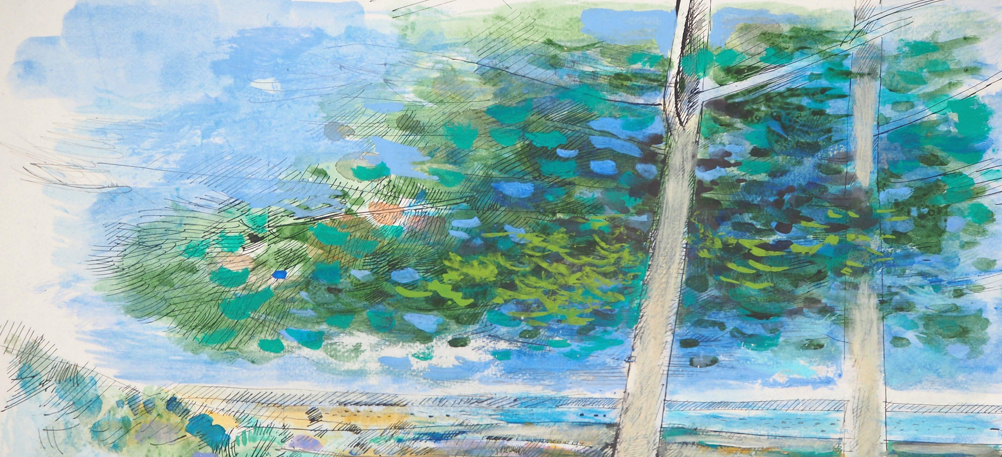 ZEN Calming - Peinture originale à l'aquarelle et à la gouache - Scène de nature en mouvement - Signé à la main - Impressionnisme Art par Maurice Genis