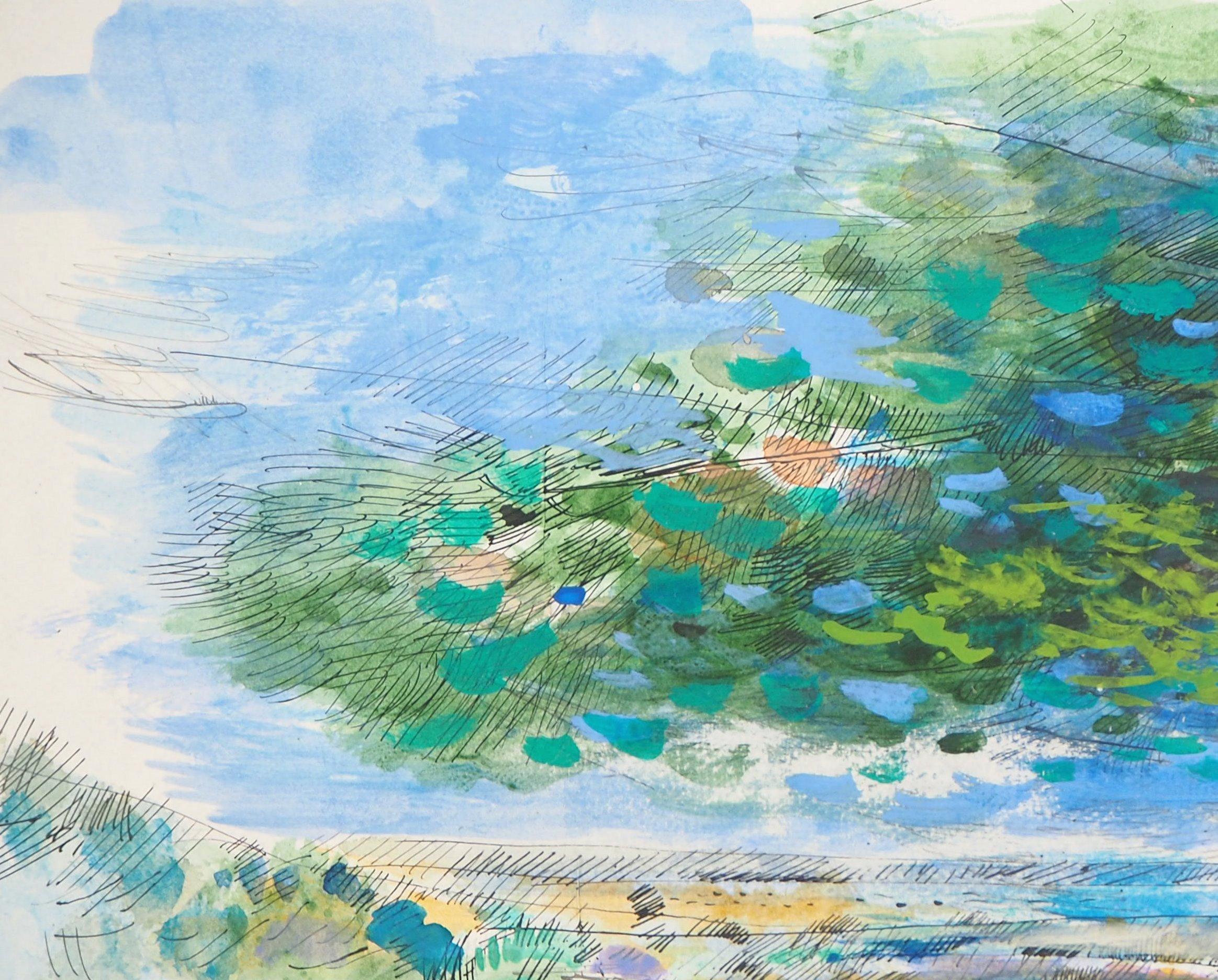 Paysage naturel apaisant
Maurice Genis

Aquarelle, gouache et encre originales
Signé à l'encre
Sur papier, 27,5 x 47,5 cm (c. 10,8 x 18,7 inch)

Excellent état