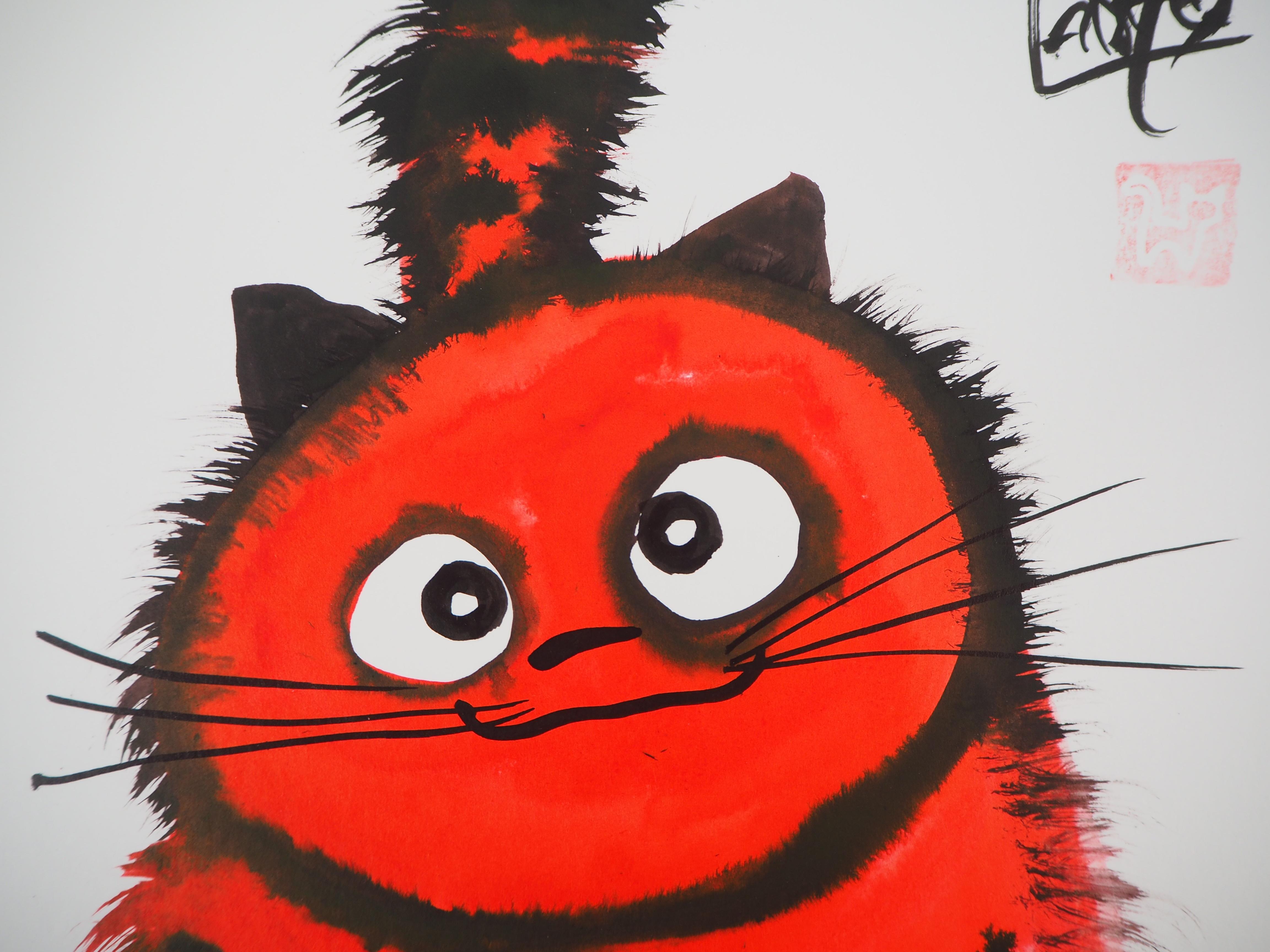 Big Red Cat Waiting for a Game - Handsigned Original Ink Drawing  - Modern Art by Laszlo Tibay