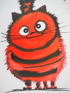 Big Red Cat Waiting for a Game - Handsigned Original Ink Drawing