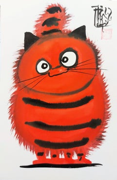 Grand chat rouge attendant un jeu - dessin à l'encre d'origine signé à la main 