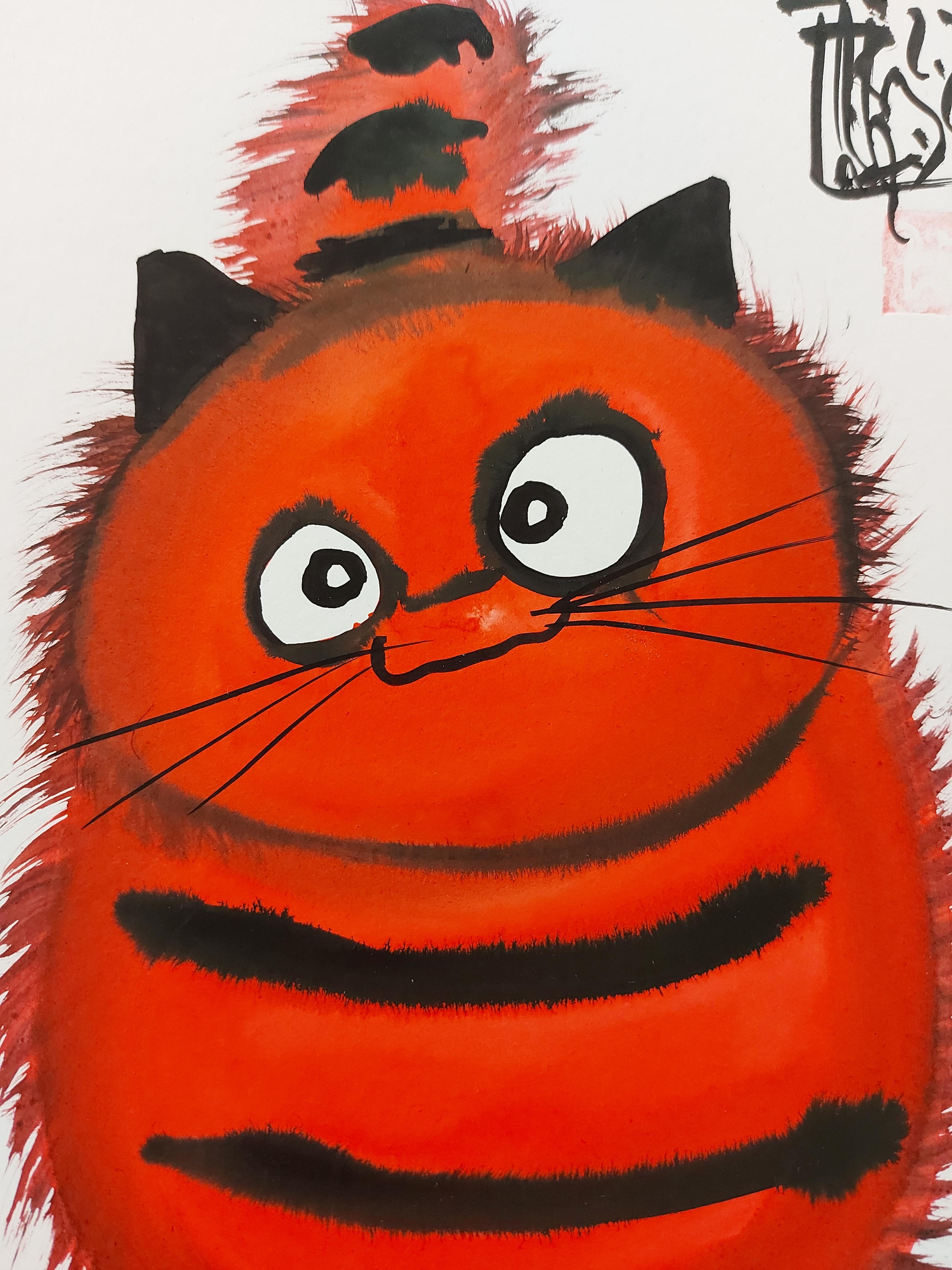 Big Red Cat Waiting for a Game - Handsigned Original Ink Drawing  - Gray Animal Art by Laszlo Tibay