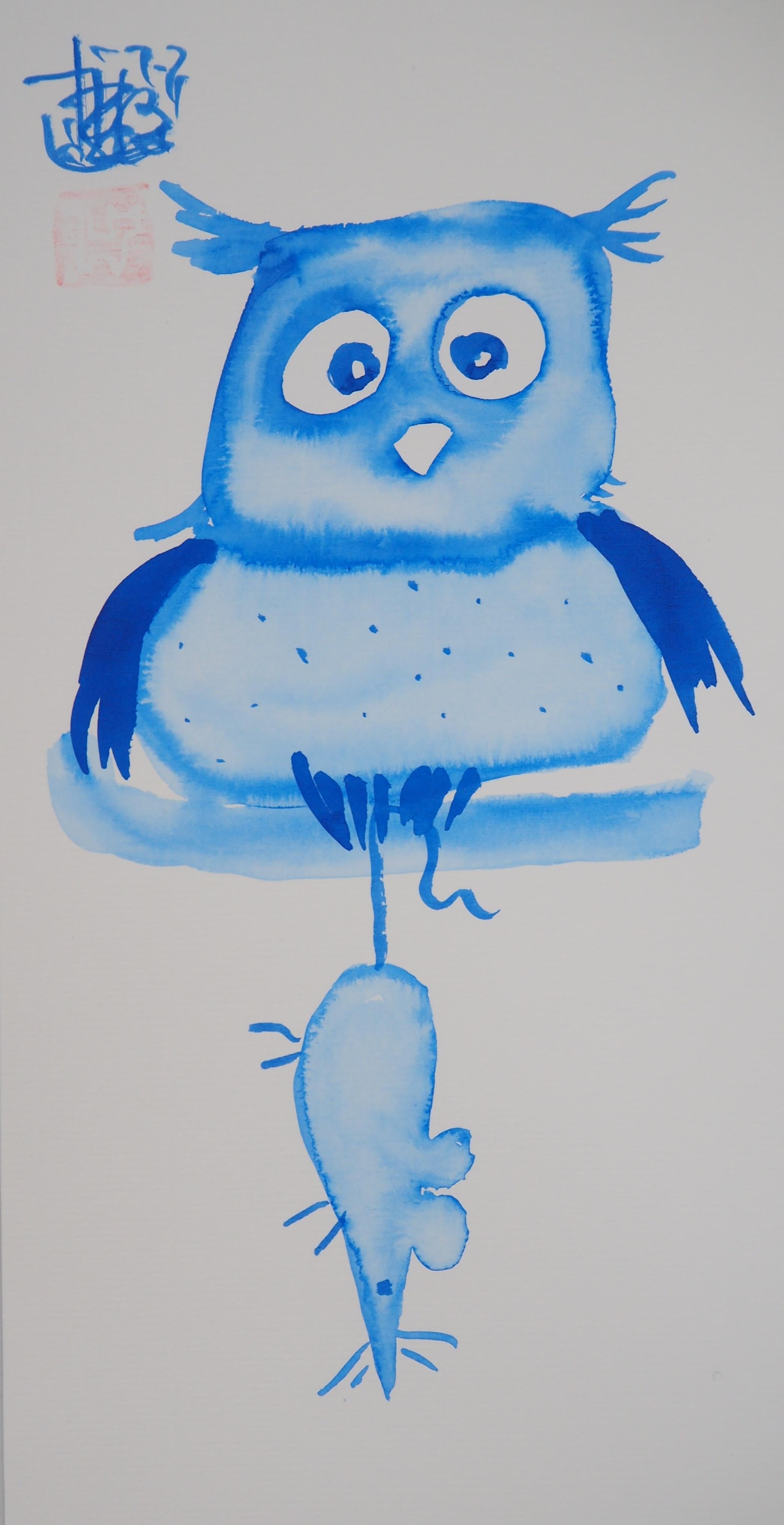 Le hibou bleu et sa souris - dessin original à l'encre signé à la main 