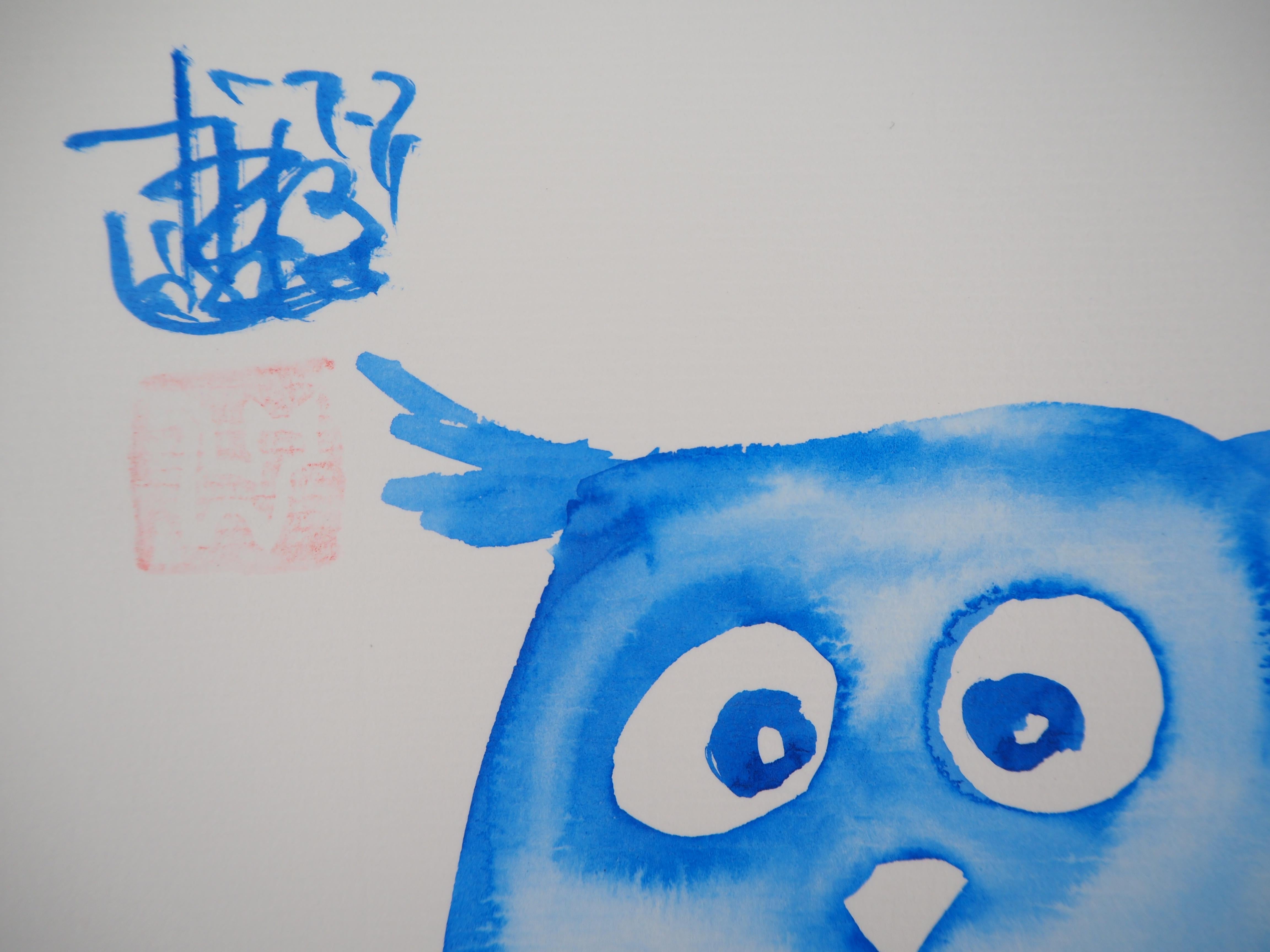 Blue Owl and her Mouse - Handsigned Original Ink Drawing  - Art by Laszlo Tibay