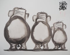  Die Elefantenfamilie - Handsignierte Original-Tintenzeichnung 