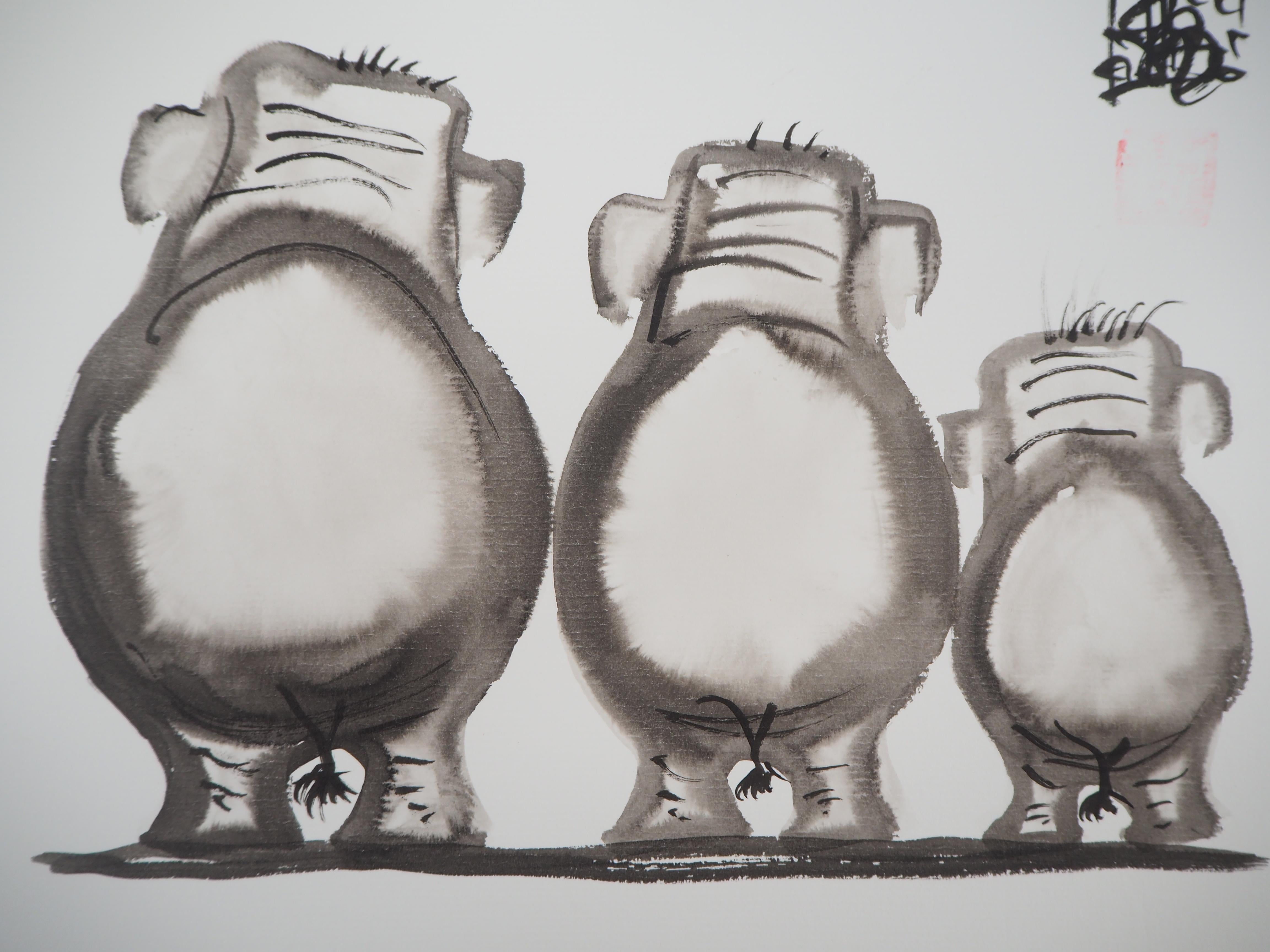  Elephant Family - Handsigned Original Ink Drawing  - Modern Art by Laszlo Tibay