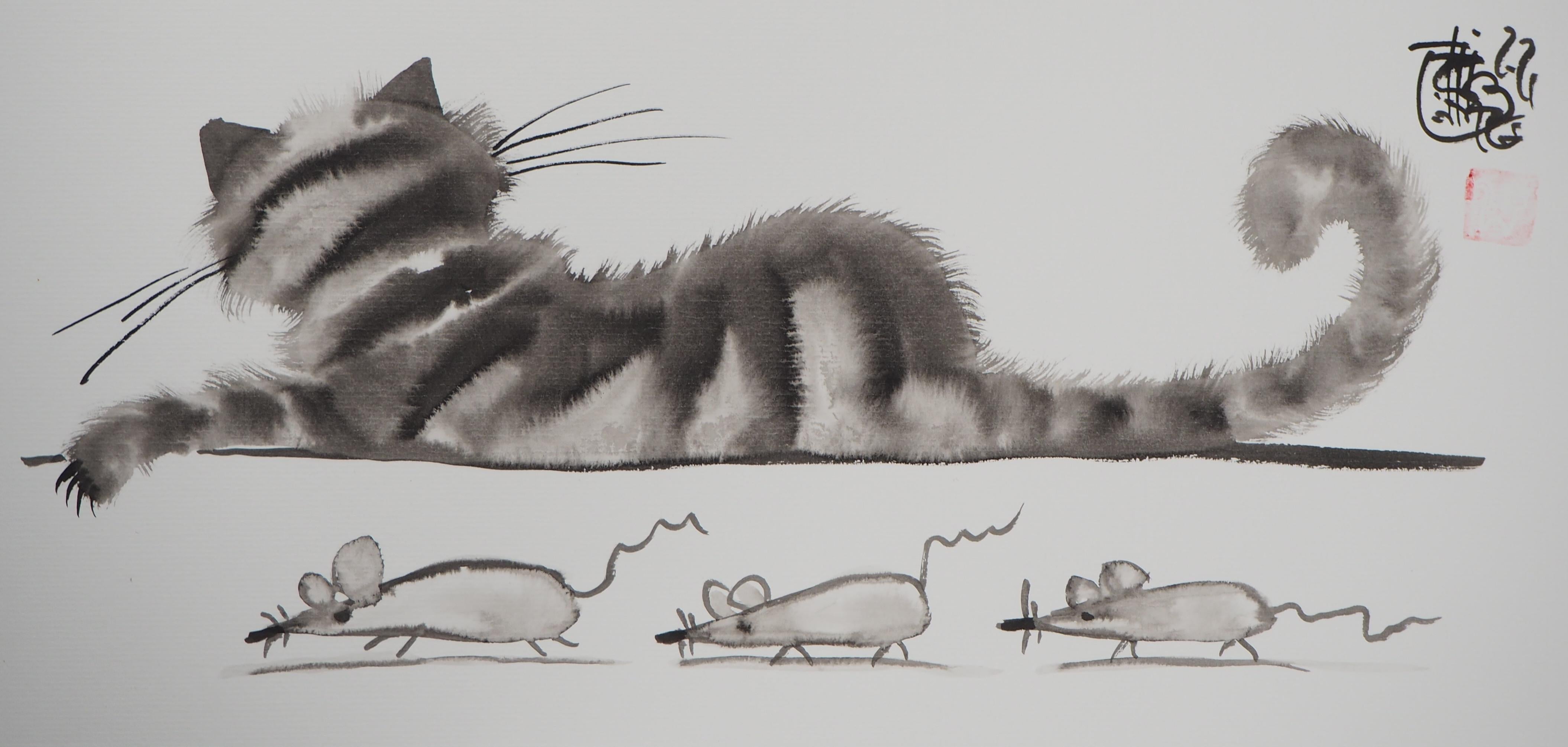 Three Mouses and Asleep Cat -  Handsigned Original Ink Drawing  - Art by Laszlo Tibay