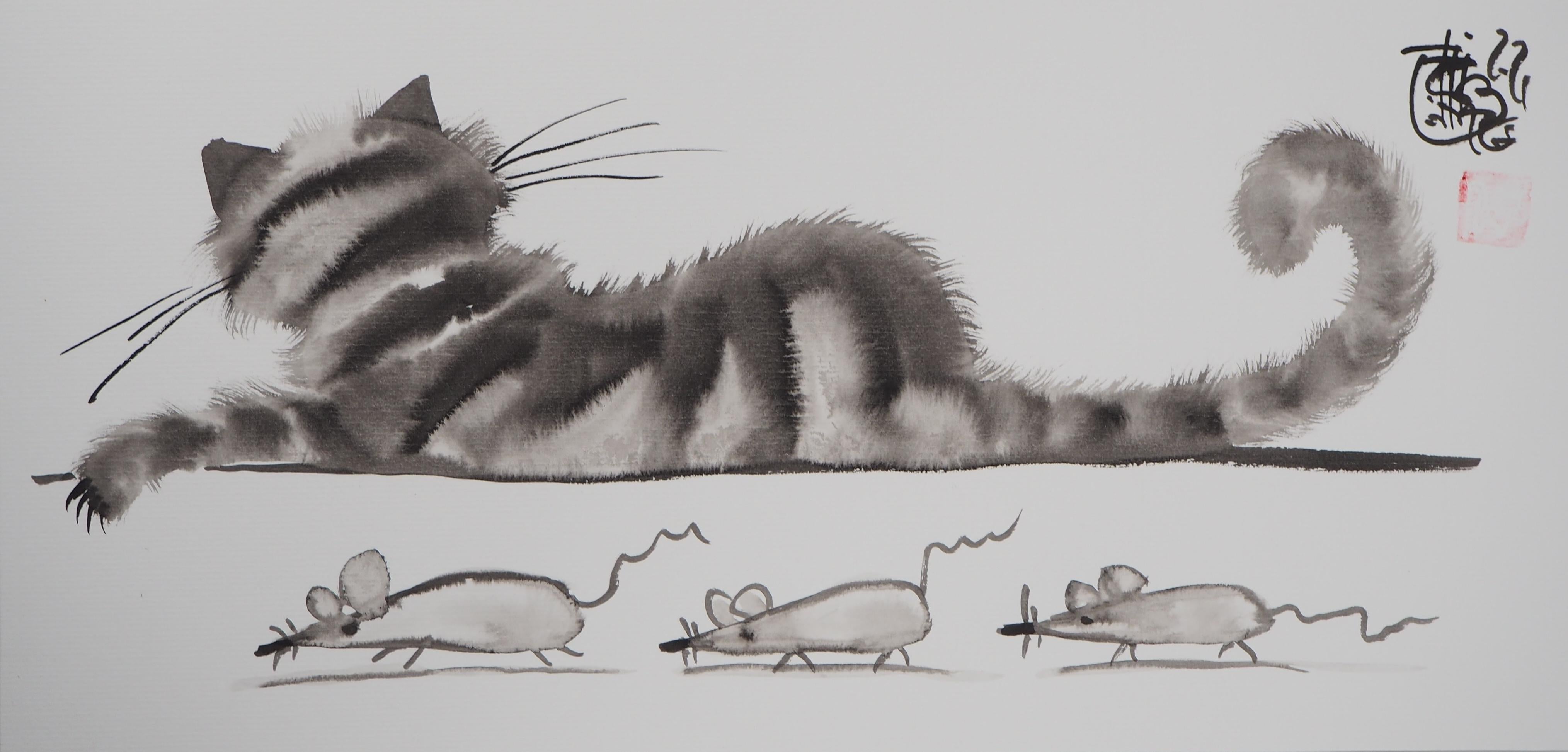 Laszlo Tibay Animal Art - Three Mouses and Asleep Cat -  Handsigned Original Ink Drawing 