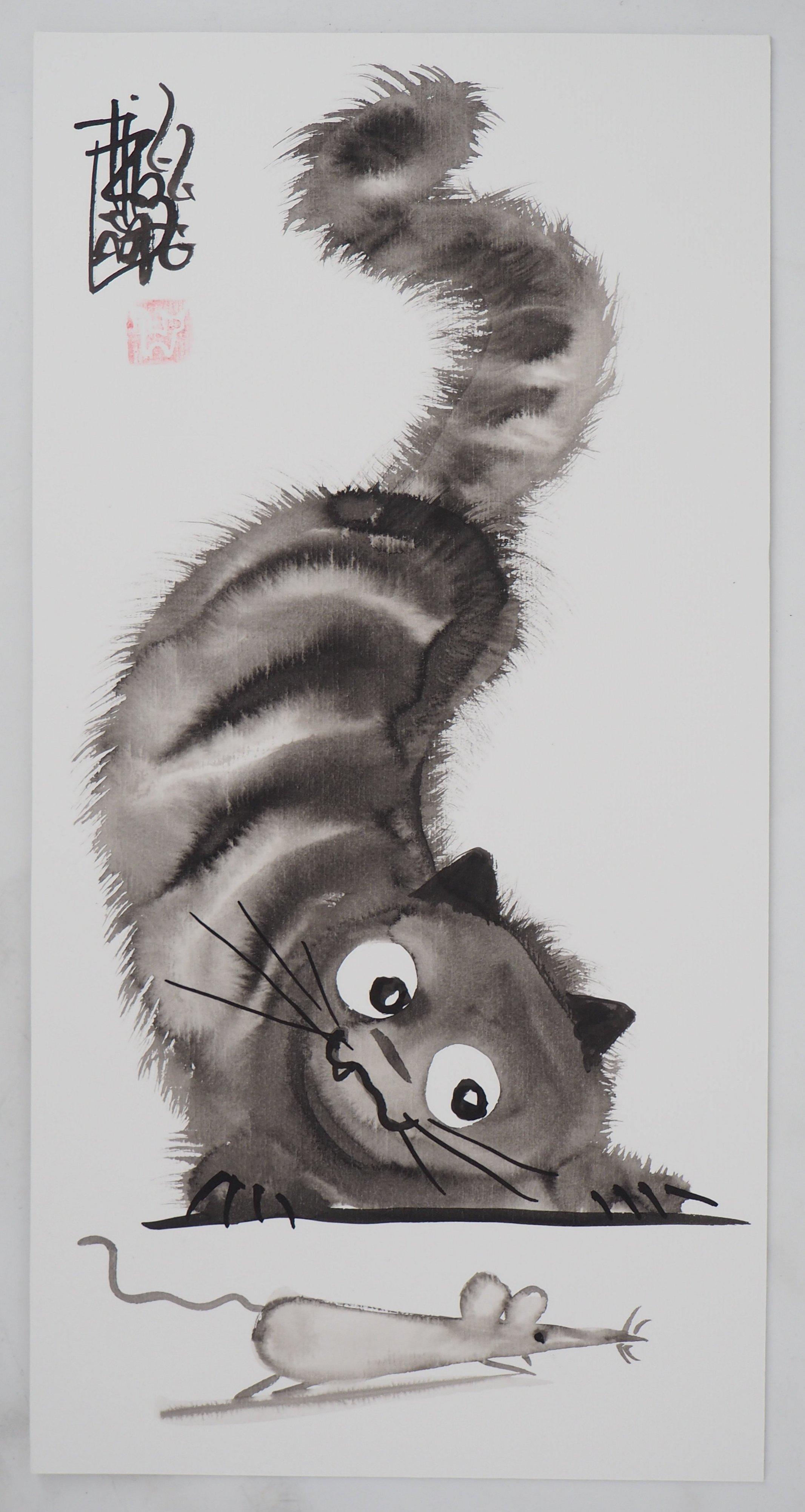 Laszlo Tibay Animal Art - Cat and Mouse Playing - Handsigned Original Ink Drawing 
