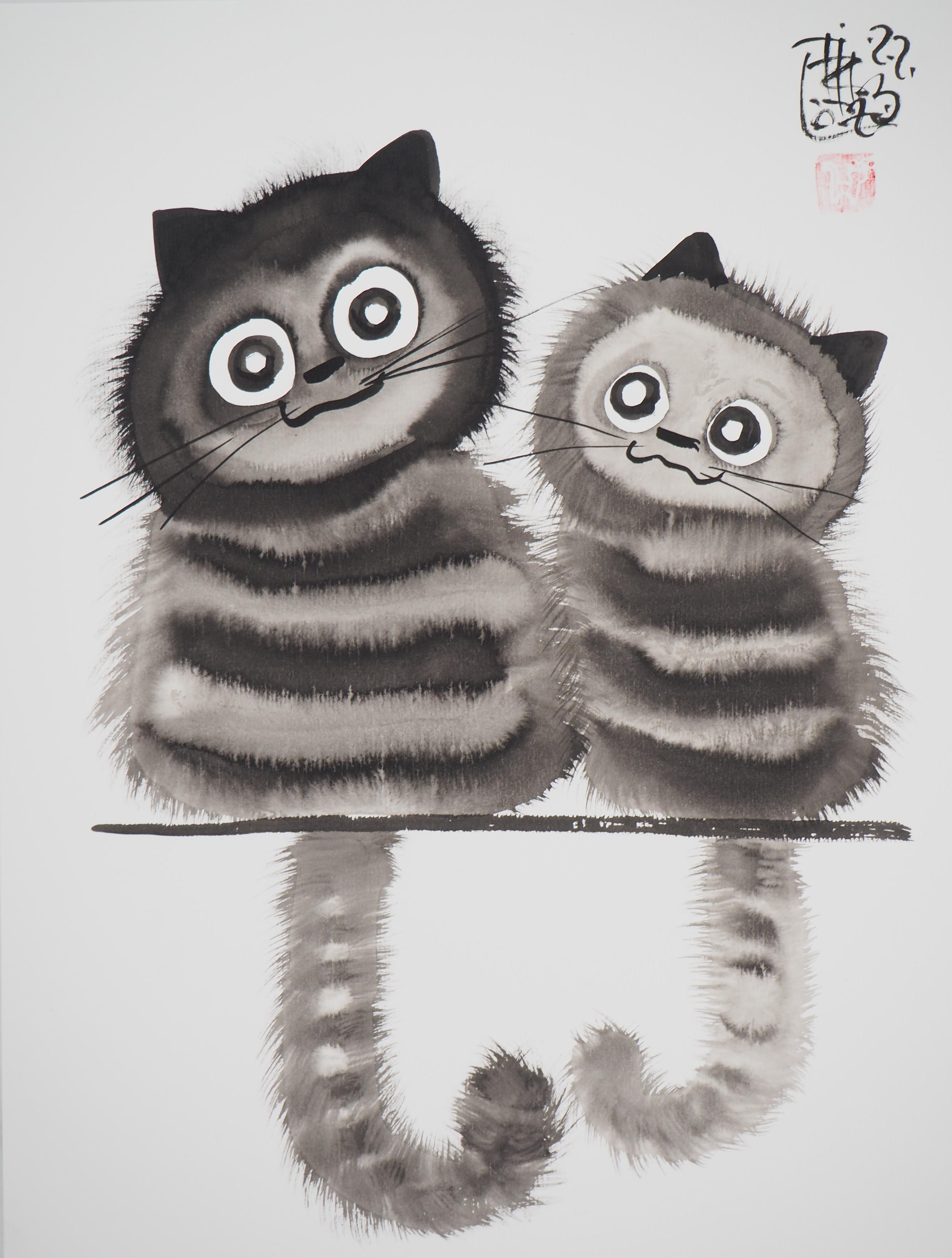 Cute Baby Cats - Handsigned Original Ink Drawing  - Art by Laszlo Tibay
