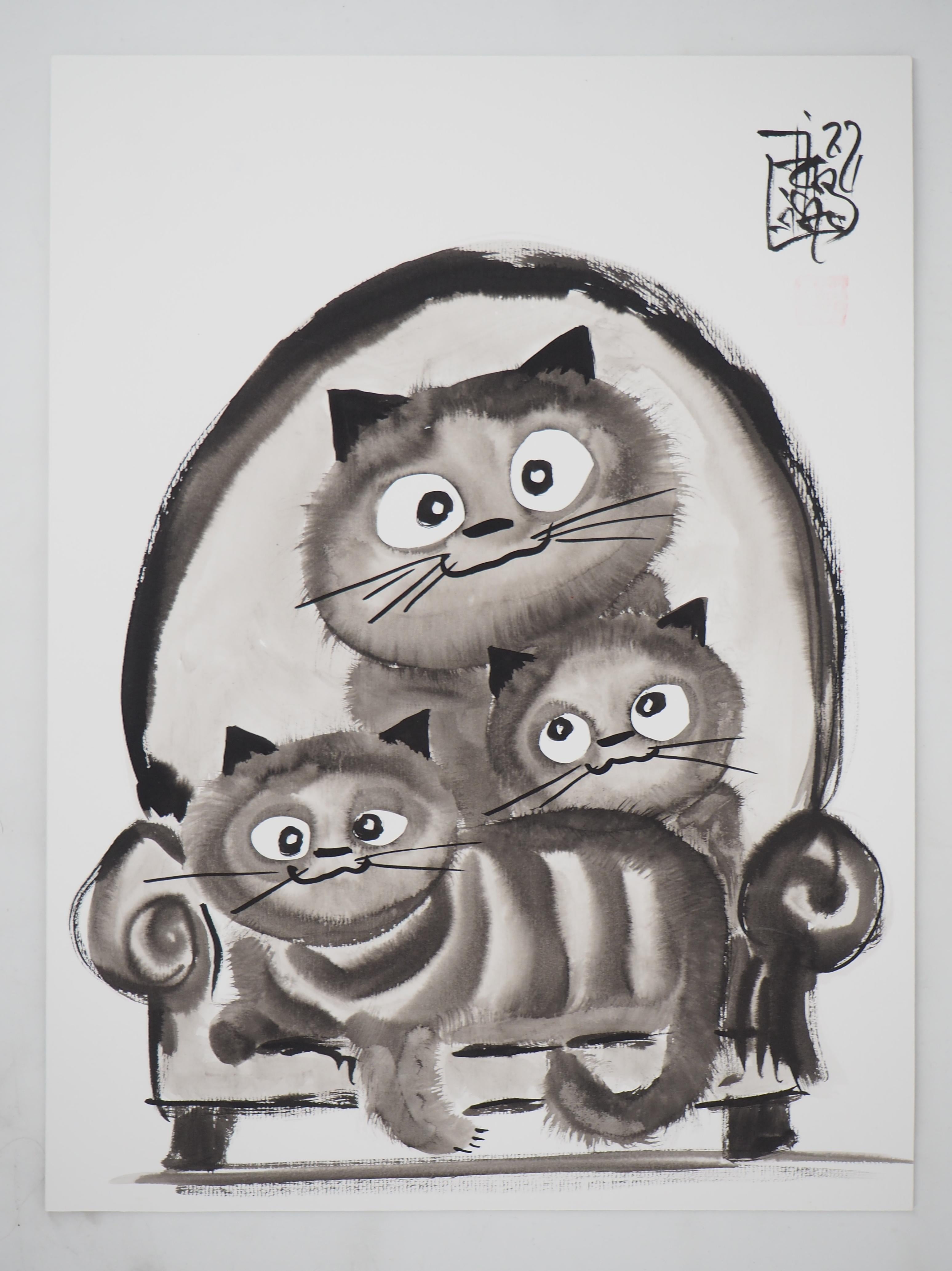 Laszlo Tibay Animal Art - Cat Family on a Couch - Handsigned Original Ink Drawing 