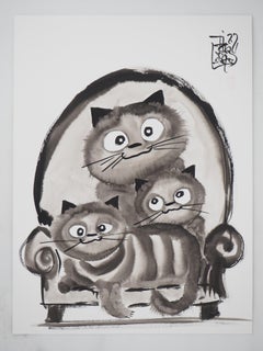 Cat Family on a Couch - Handsigned Original Ink Drawing 