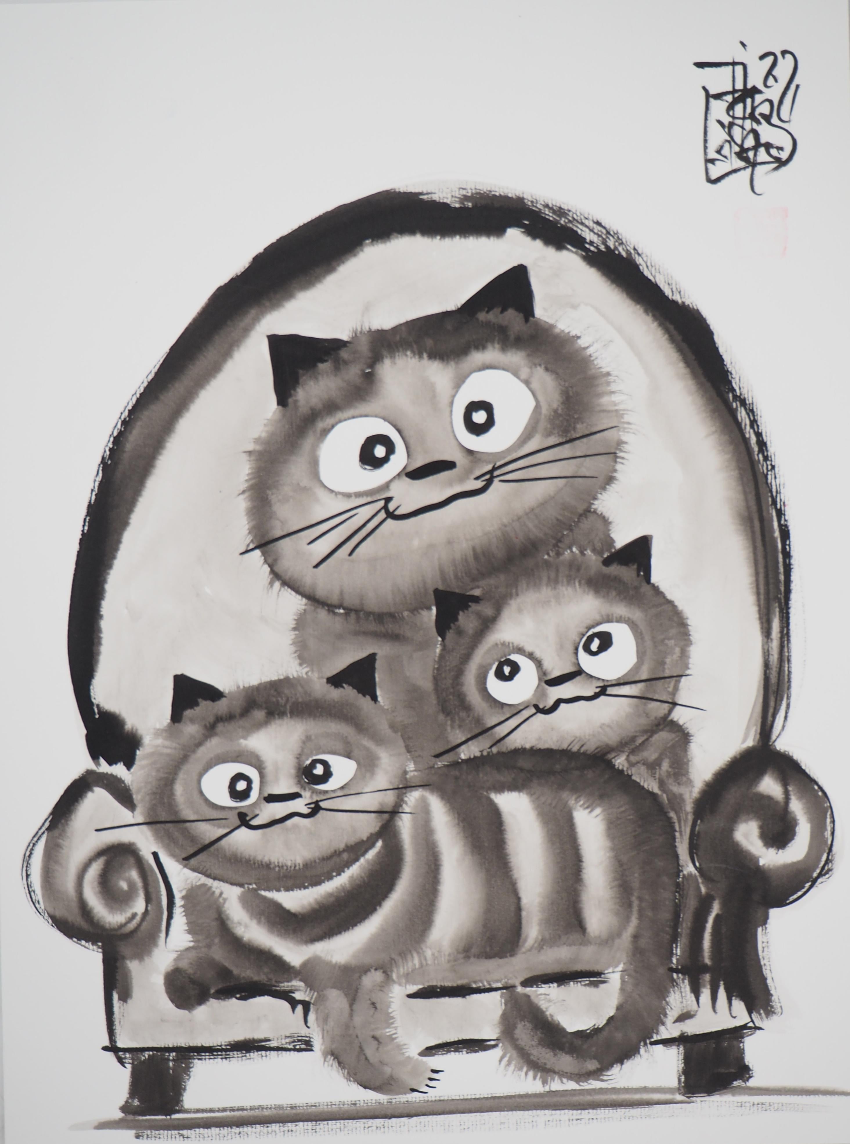 Cat Family on a Couch - Handsigned Original Ink Drawing  - Art by Laszlo Tibay
