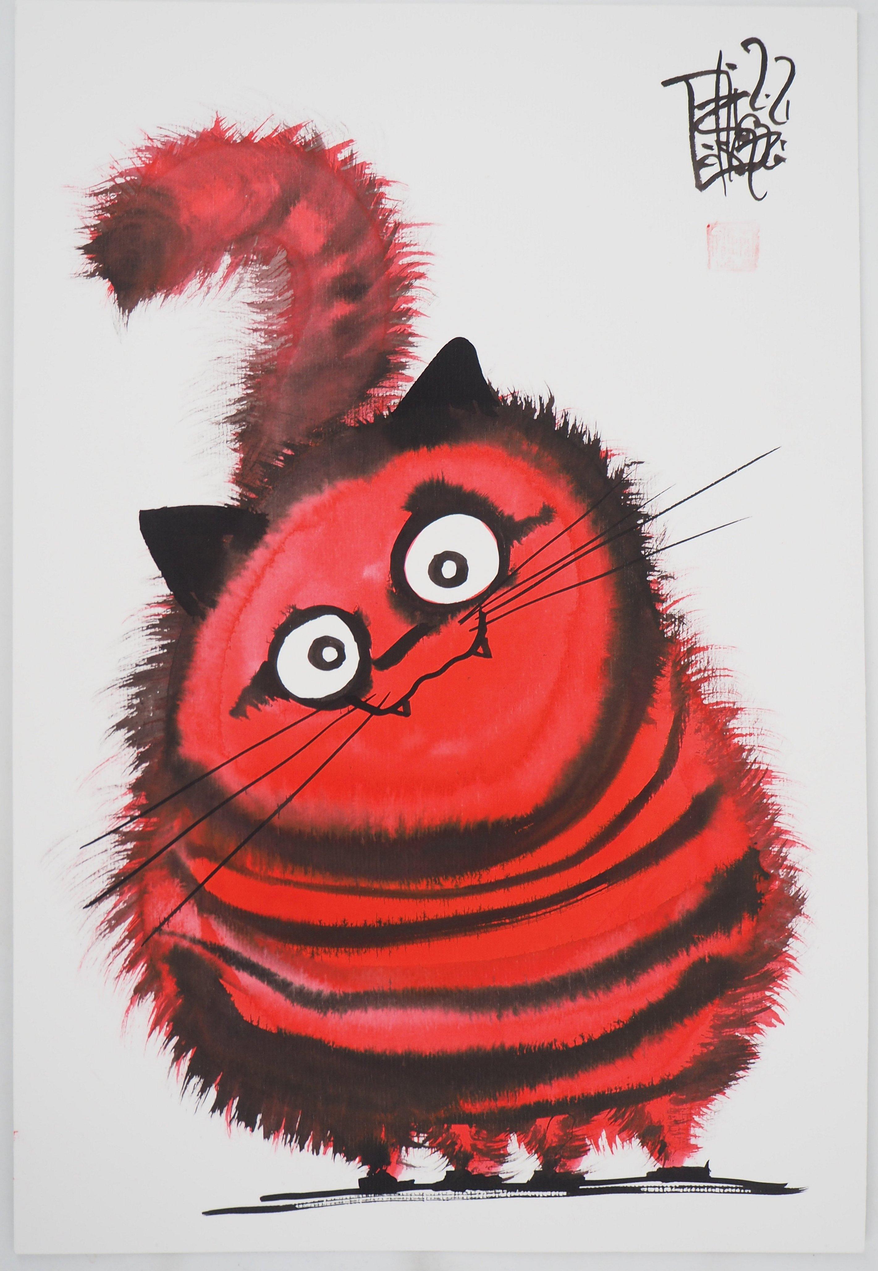 Animal Art Laszlo Tibay - Cat rouge Malicious - Drawing original à l'encre signé à la main 