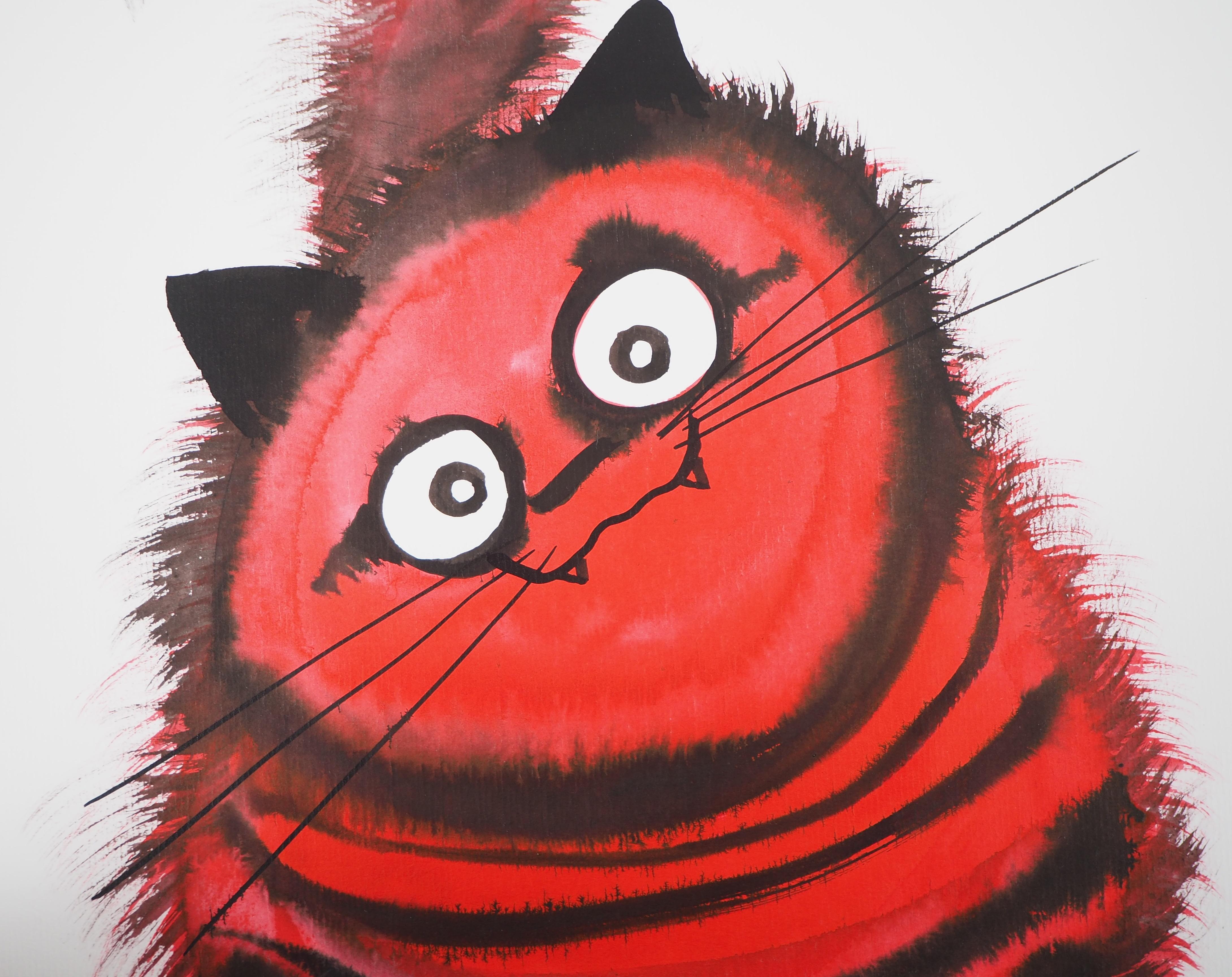 Cat rouge Malicious - Drawing original à l'encre signé à la main  - Moderne Art par Laszlo Tibay