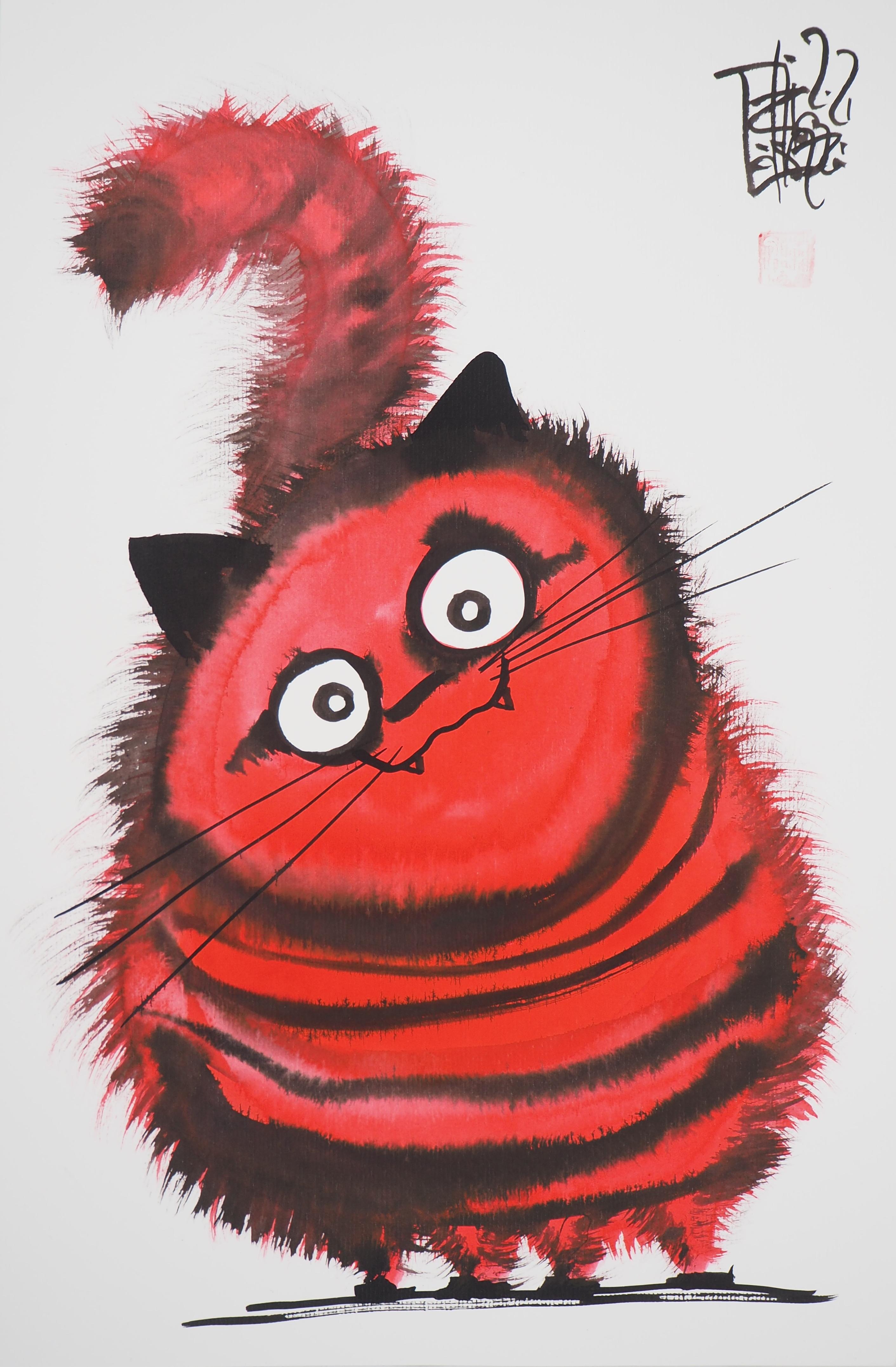 Cat rouge Malicious - Drawing original à l'encre signé à la main  - Art de Laszlo Tibay