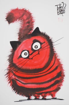 Cat rouge Malicious - Drawing original à l'encre signé à la main