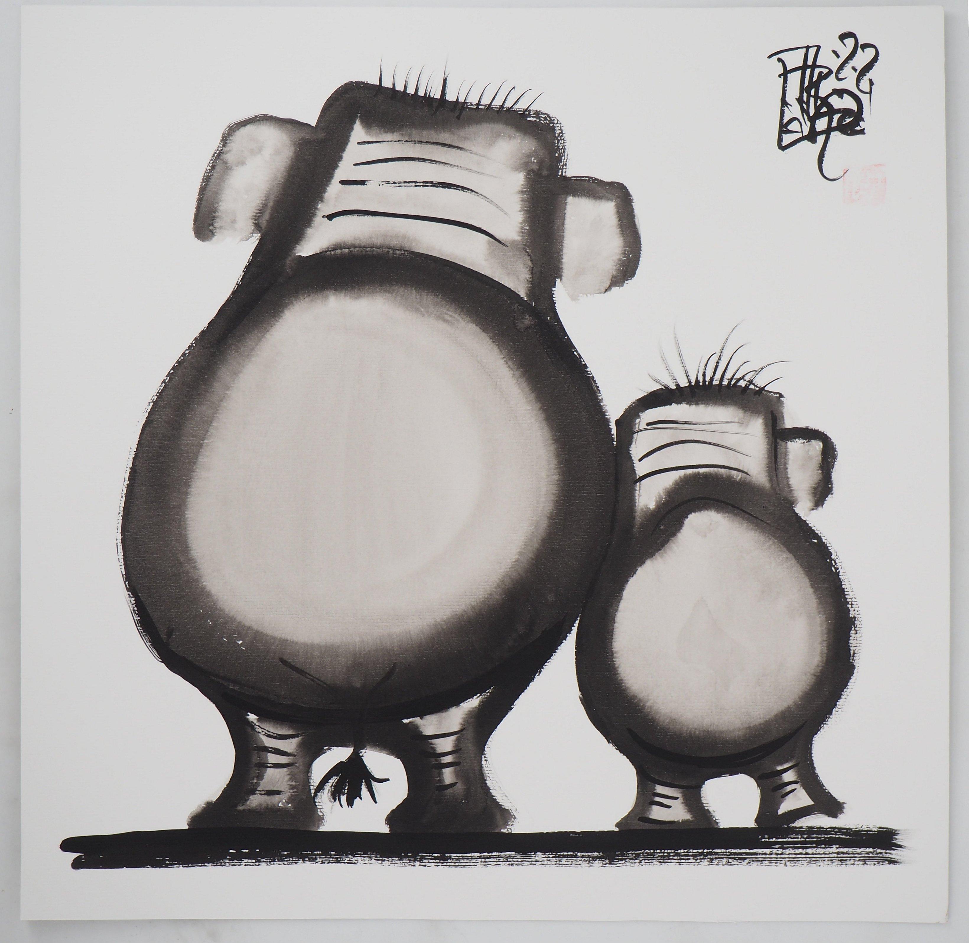 Duo d'éléphants - dessin original à l'encre signé à la main 