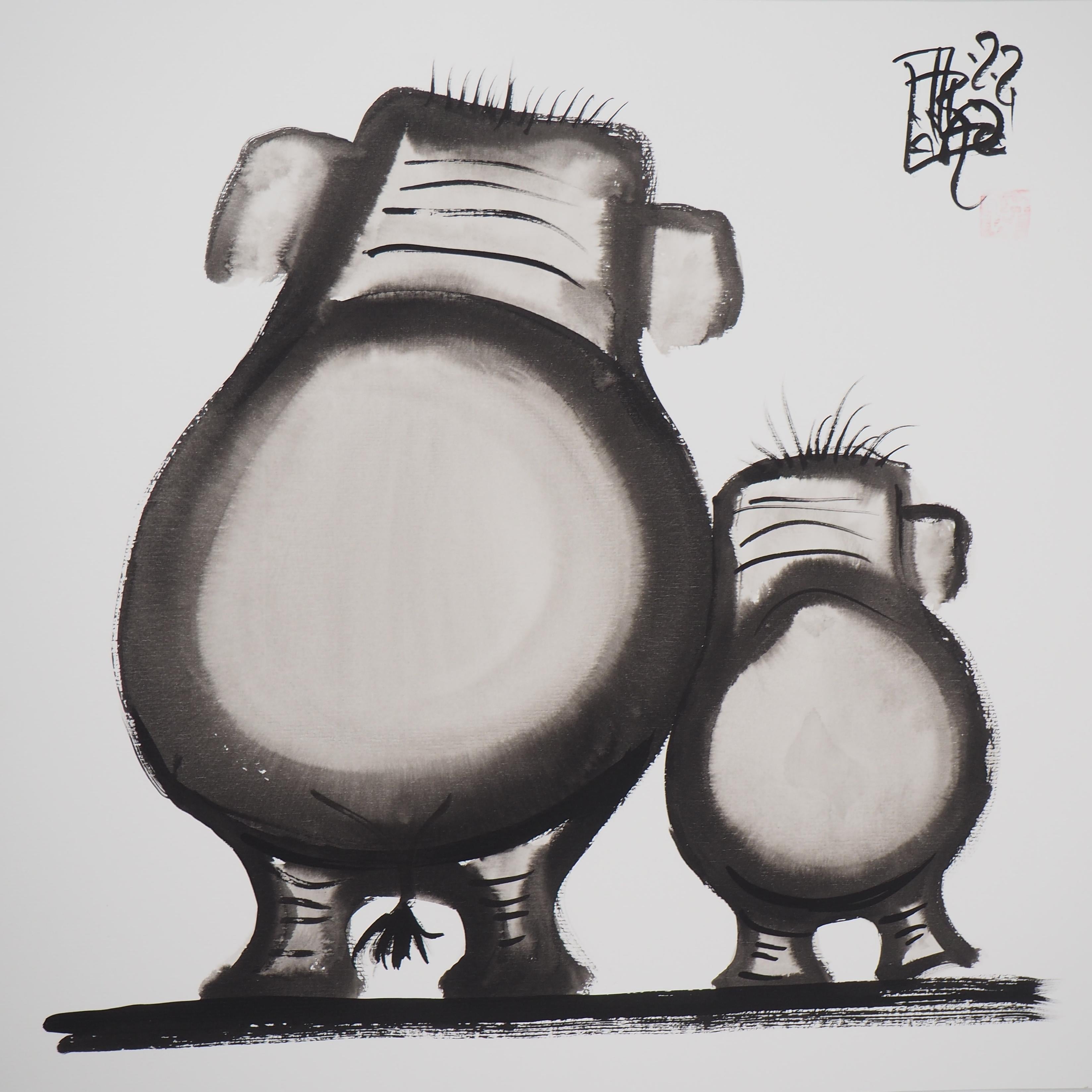 Elephant Duo - Handsigned Original Ink Drawing  - Art by Laszlo Tibay