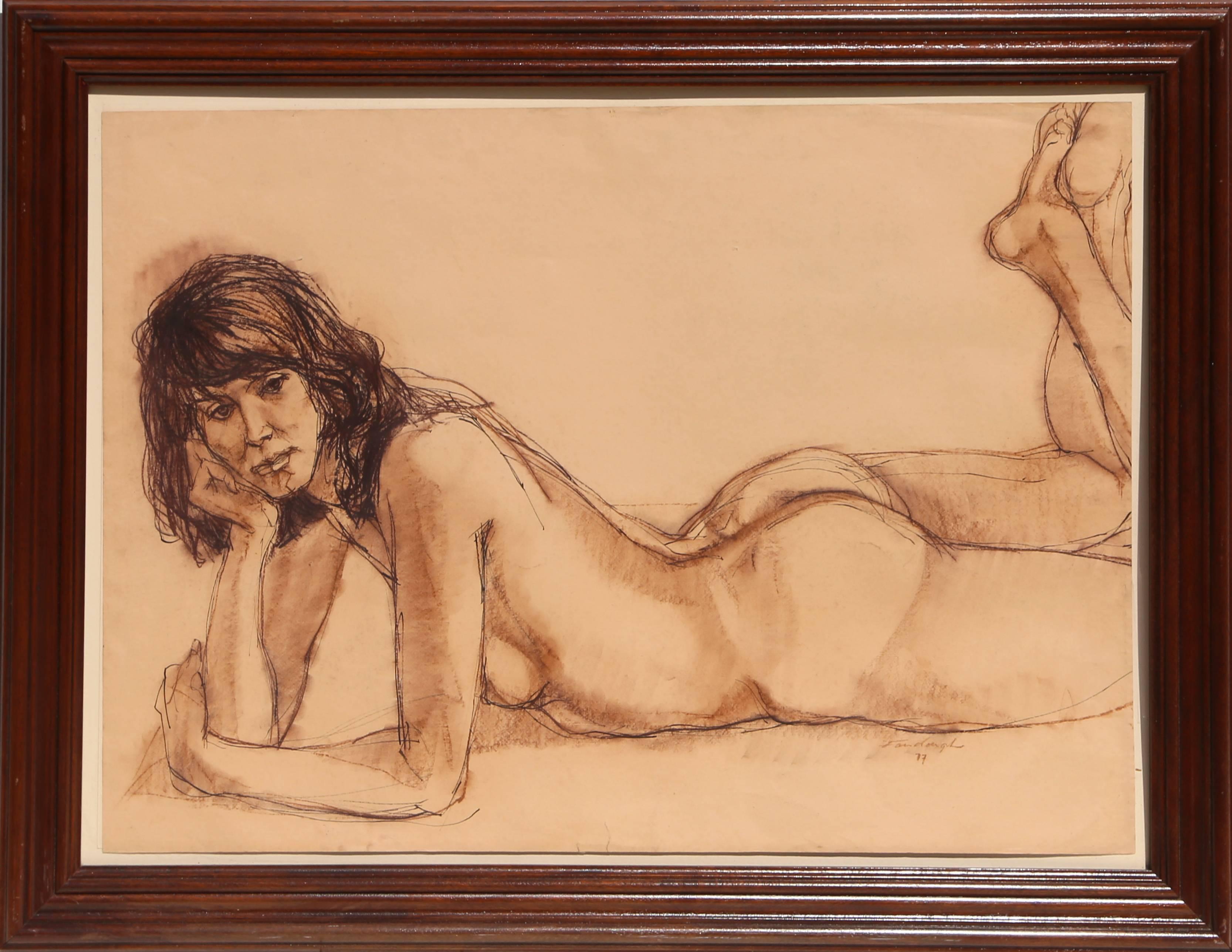 Künstler: Gerald Fairclough, Amerikaner (1946 -  )
Titel: Nackt
Jahr: 1977
Medium: Pastell-Zeichnung, signiert und datiert
Größe: 25 x 35 in. (63,5 x 88,9 cm)
Rahmengröße: 33 x 43 Zoll

