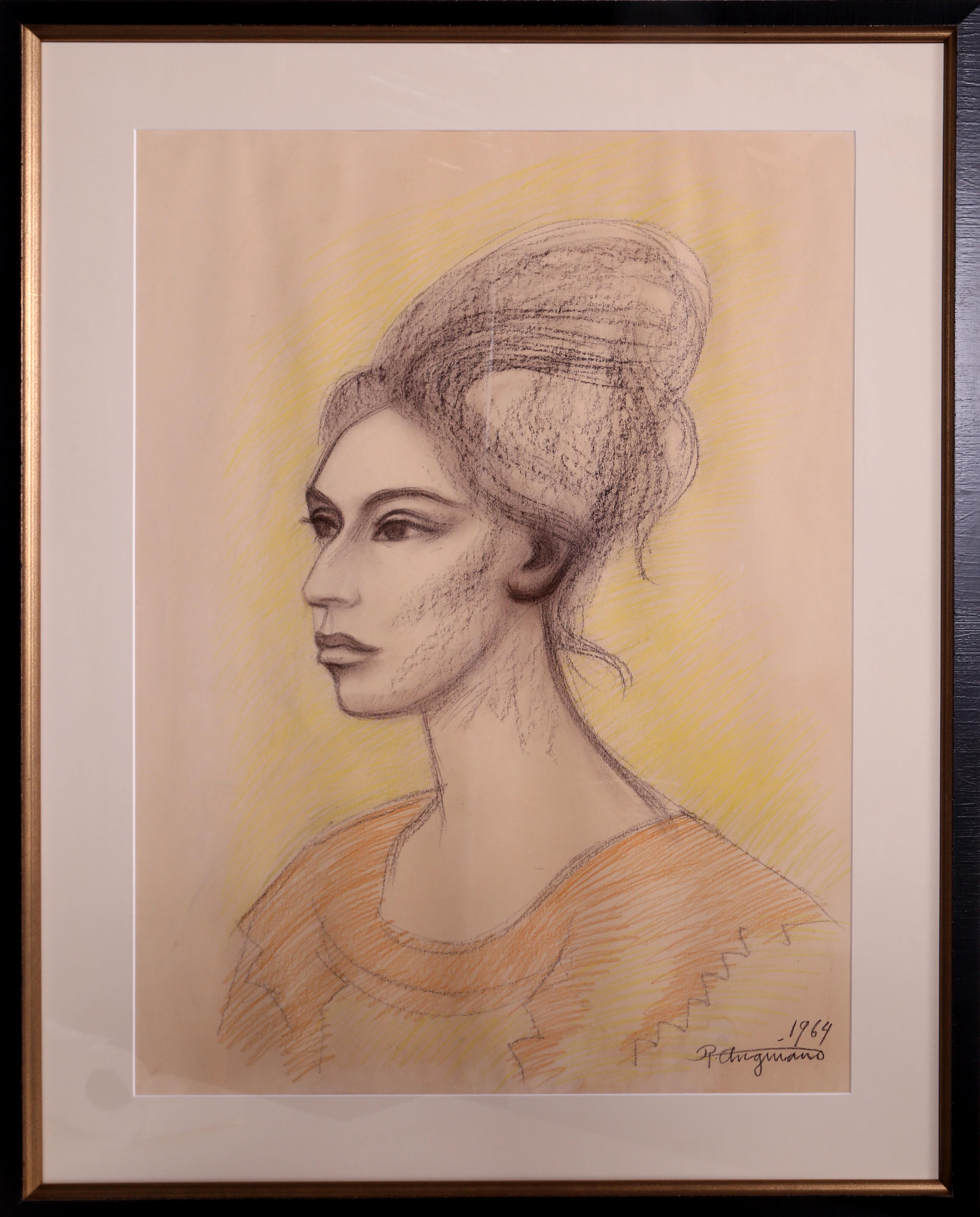 Portrait d'une femme, dessin de portrait au pastel de Raul Anguiano en vente 1