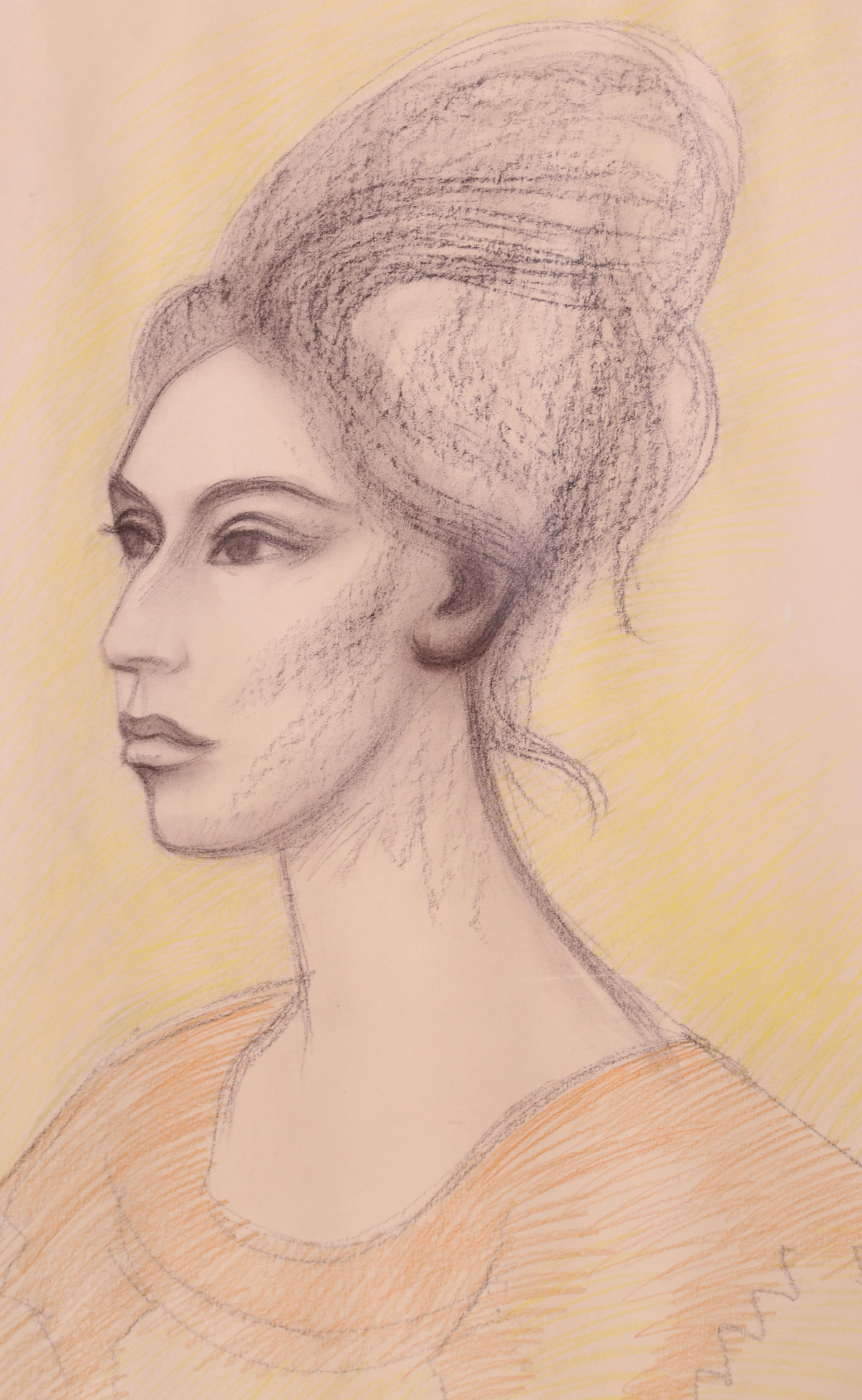 Portrait d'une femme, dessin de portrait au pastel de Raul Anguiano en vente 2