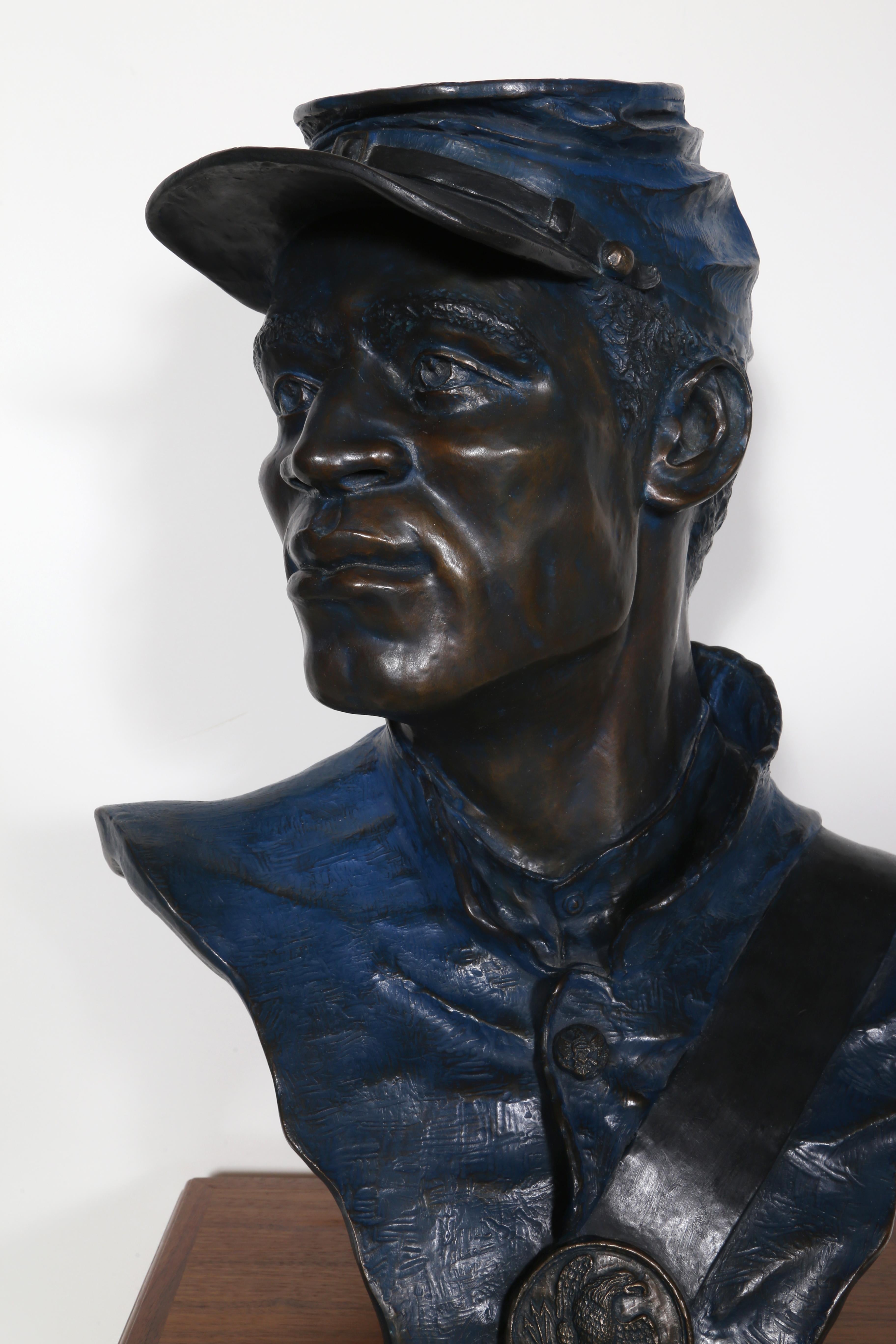 Artist: Don Huntsman, American (1934 -  )
Title: One of the 54th
Year: 1992
Medium: Bronze with Plaque, Wood Base, signature, date, and numbering inscribed
Edition: 12/40
Size: 22 x 16 x 8 in. (55.88 x 40.64 x 20.32 cm)
Base Size: 46 x 14 x 12