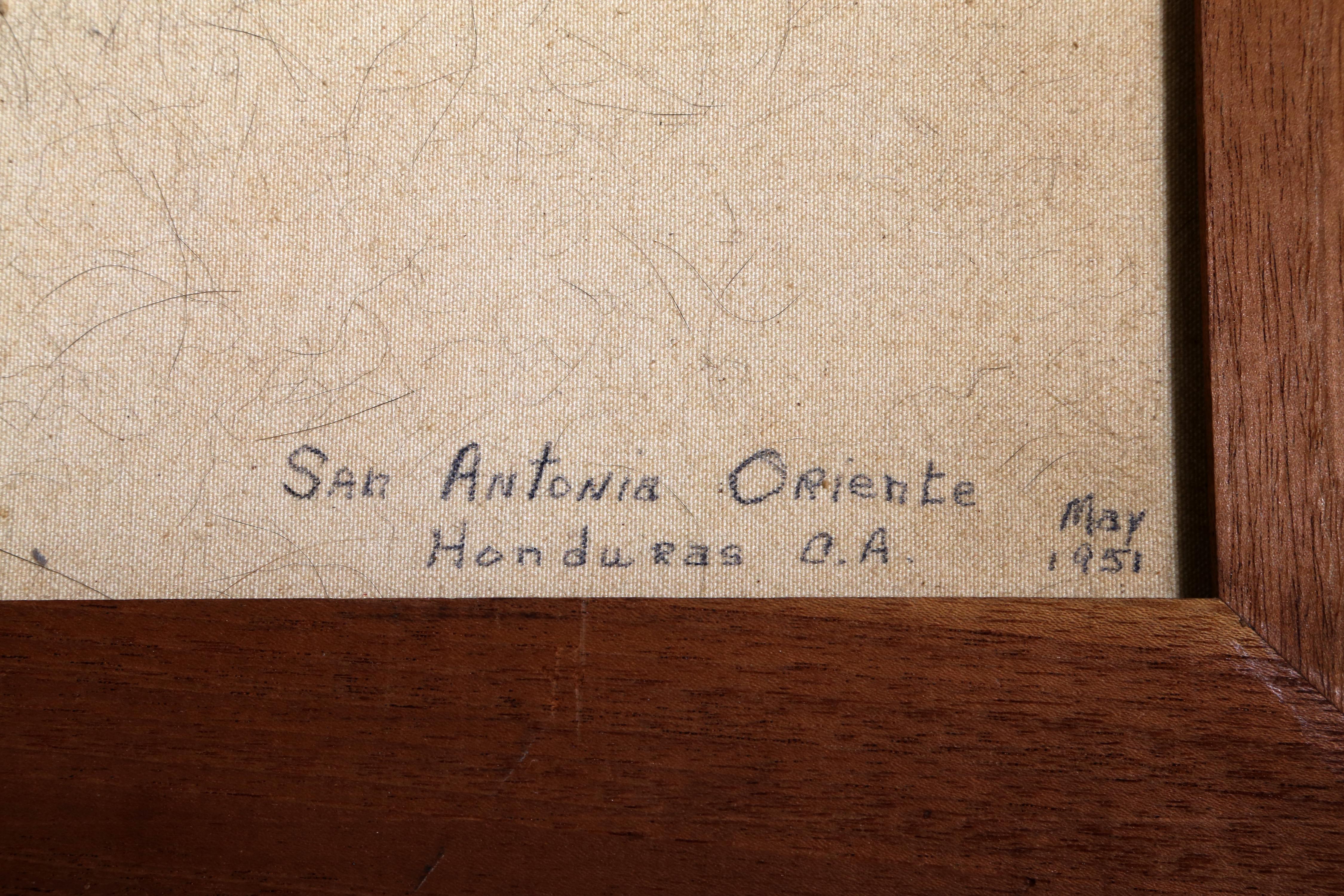 Artist: Jose Antonio Velasquez, Honduran (1906 - 1983)
Title: San Antonio Oriente, Honduras C.A. 
Year: 1951
Medium: Oil on Canvas, signed and dated l.r. 
Size: 16.5 x 22 in. (41.91 x 55.88 cm)
Frame Size: 20.5 x 26 inches