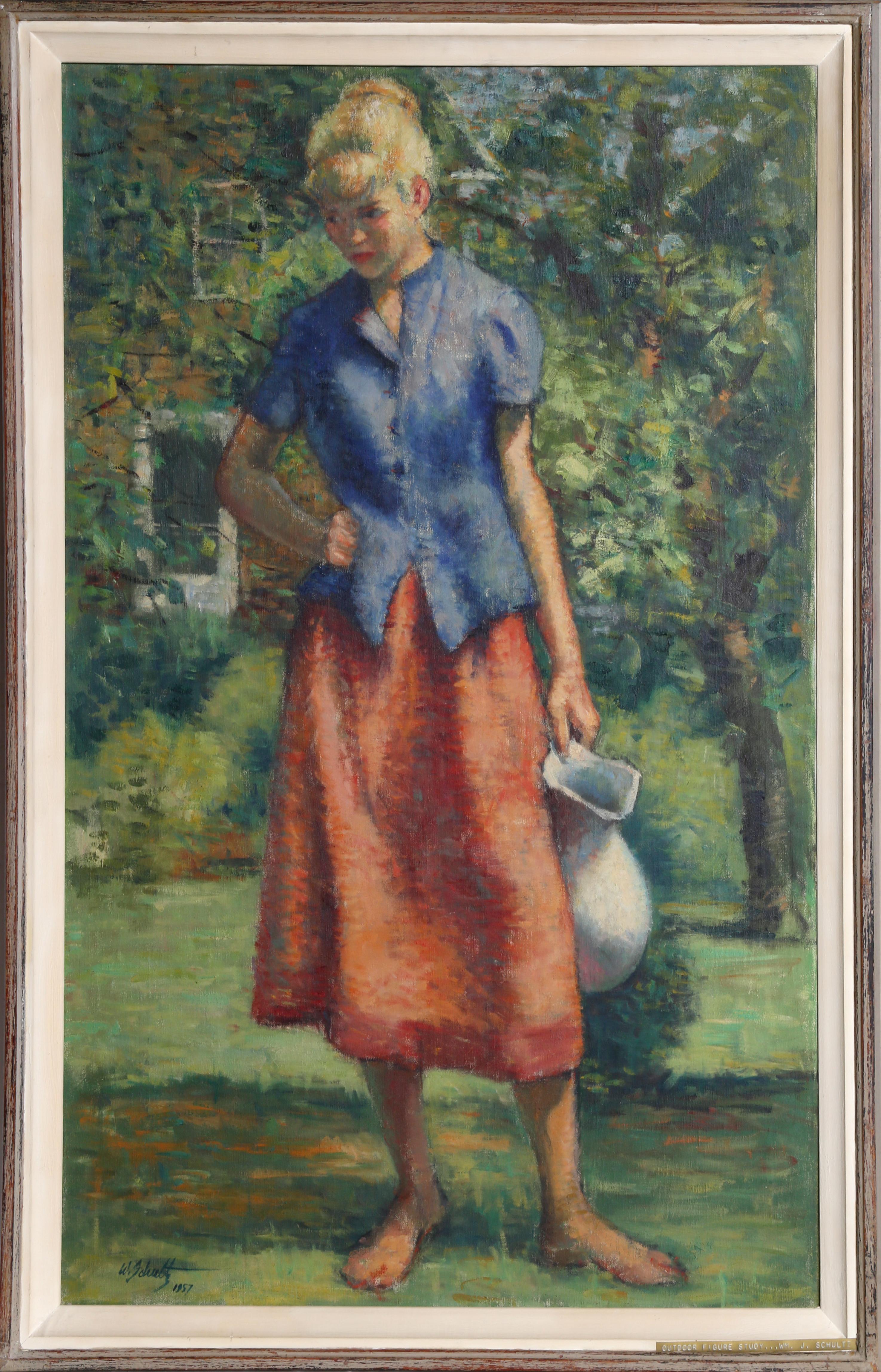 Étude de figure en extérieur, peinture à l'huile de William J. Schultz