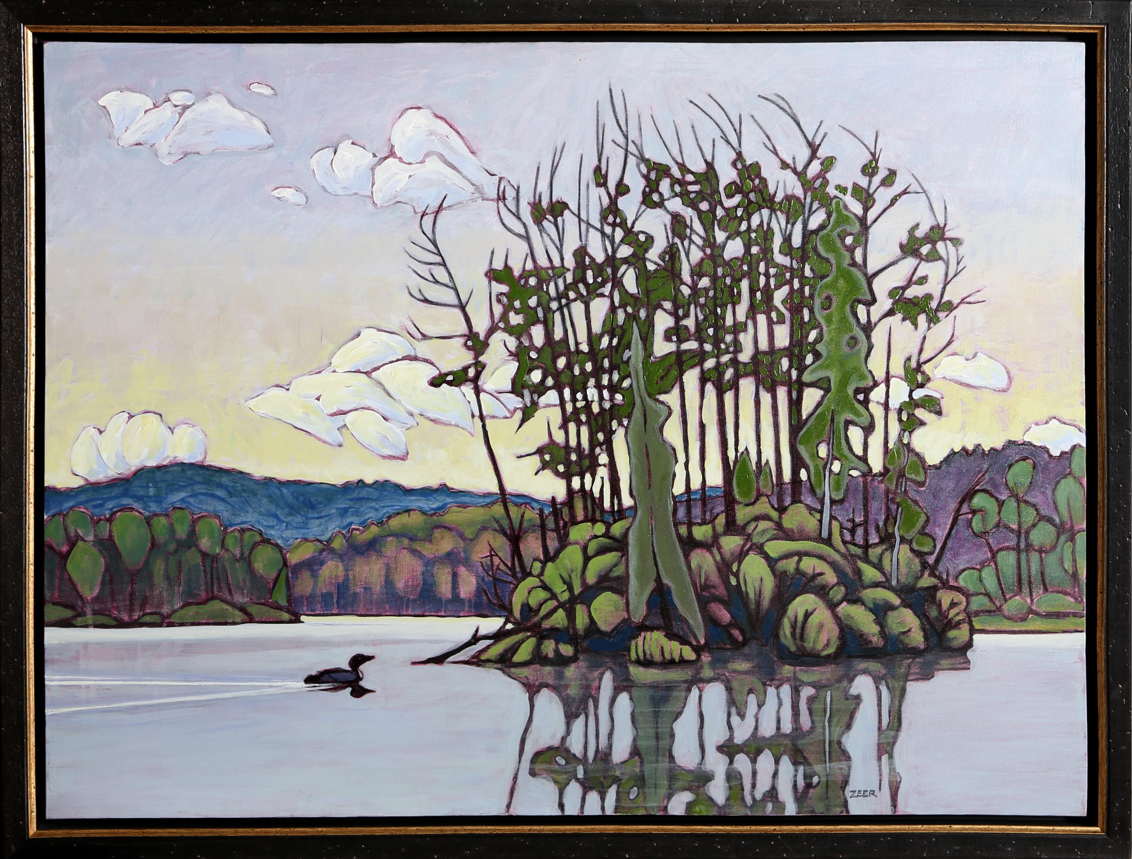 Artist: Robert Zeer
Title: Loon on Opeonga Lake
Year: 2002
Medium: Oil on Canvas, signed l.r.
Size: 30 x 40 in. (76.2 x 101.6 cm)
Frame: 33 x 43 inches