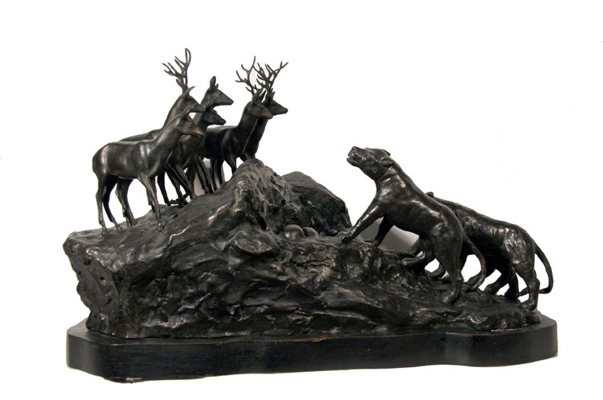 Lions und Hirsche, Bronzeskulptur von A. Ganso