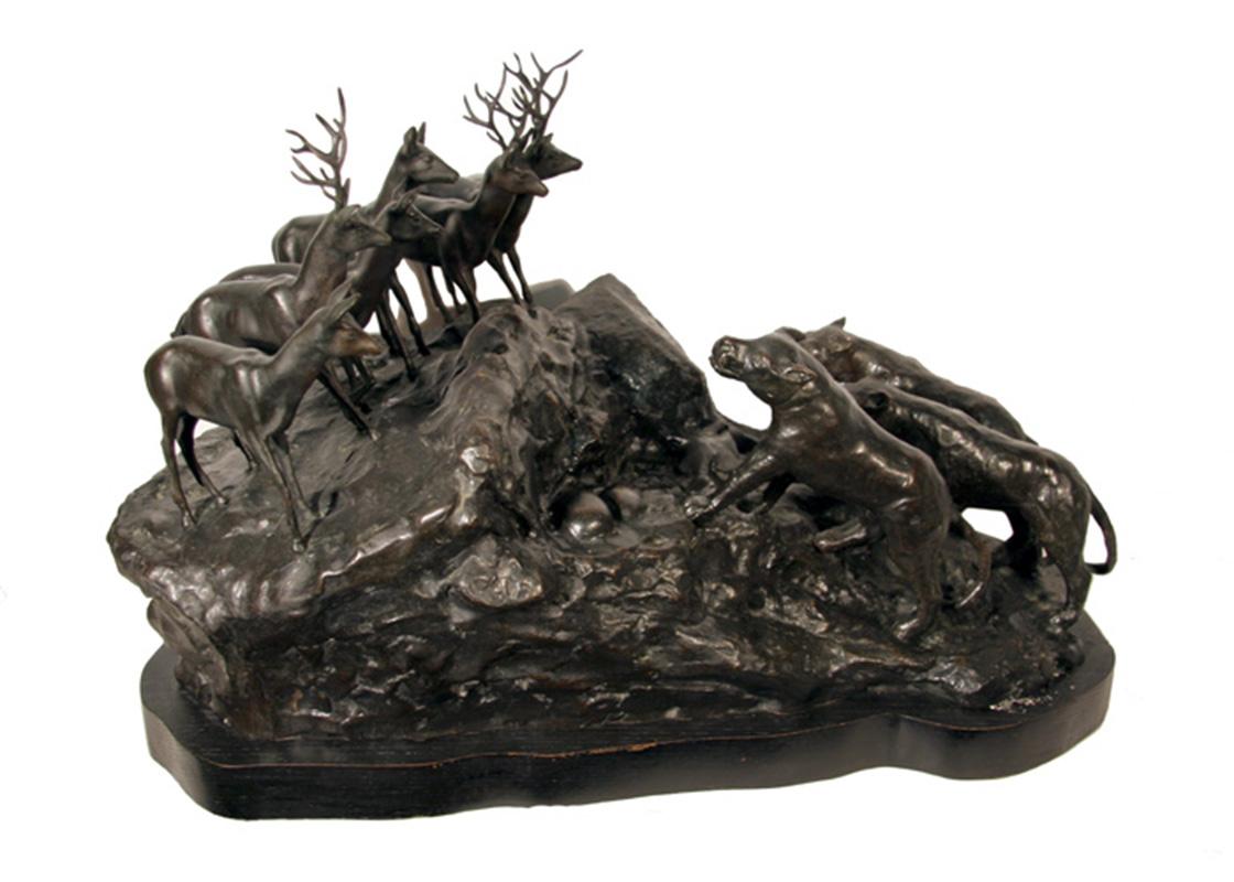 Les lions et les cerfs, sculpture en bronze de A. Ganso en vente 2