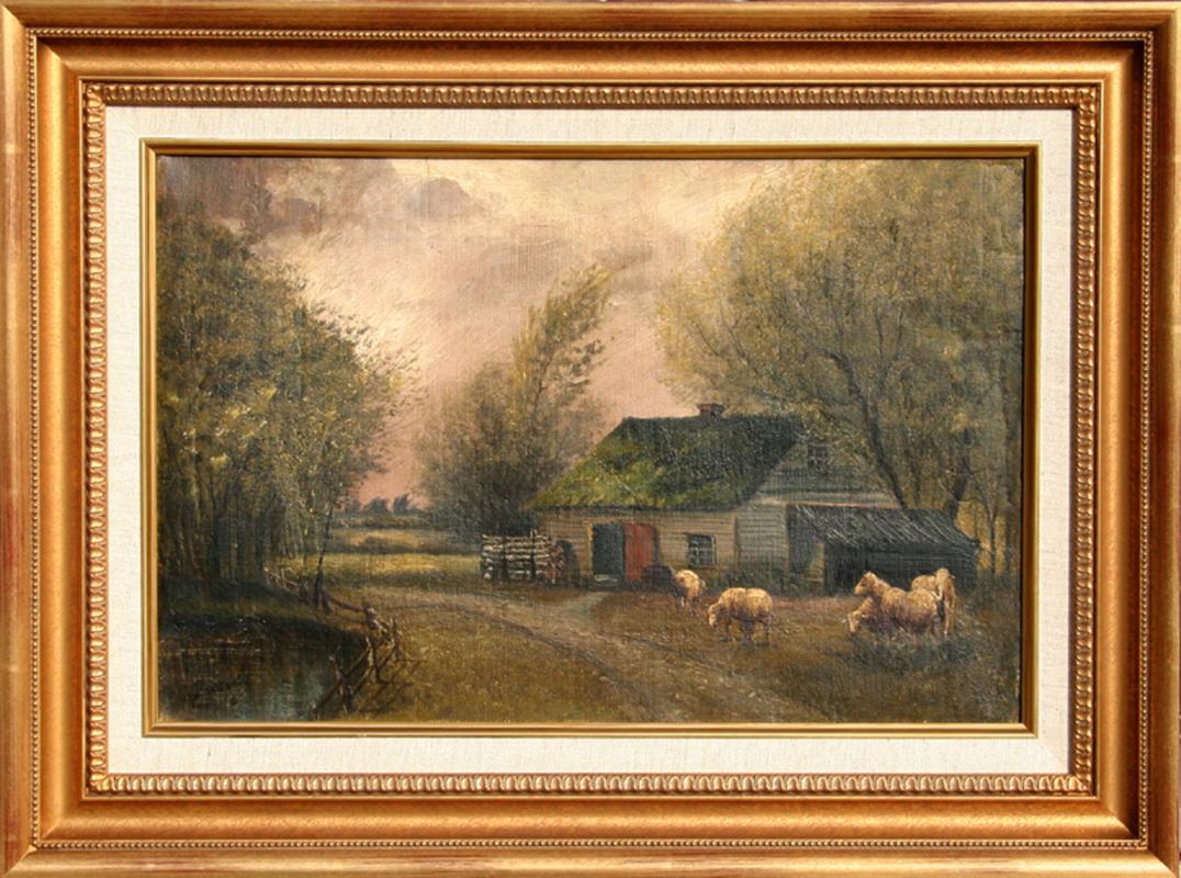 Artiste :	John Parker Davis, Américain (1832 - 1910)
Titre : Paysage de la ferme des vaches 
Année :	1905
Moyen :	Huile sur toile, signée et datée à gauche.
Taille :	12 x 18 pouces
Taille du cadre : 18 x 24 pouces