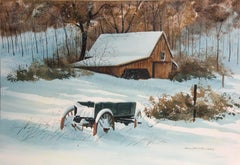 Vintage Snowy Barn and Wagon, Landscape Painting by James Feriola