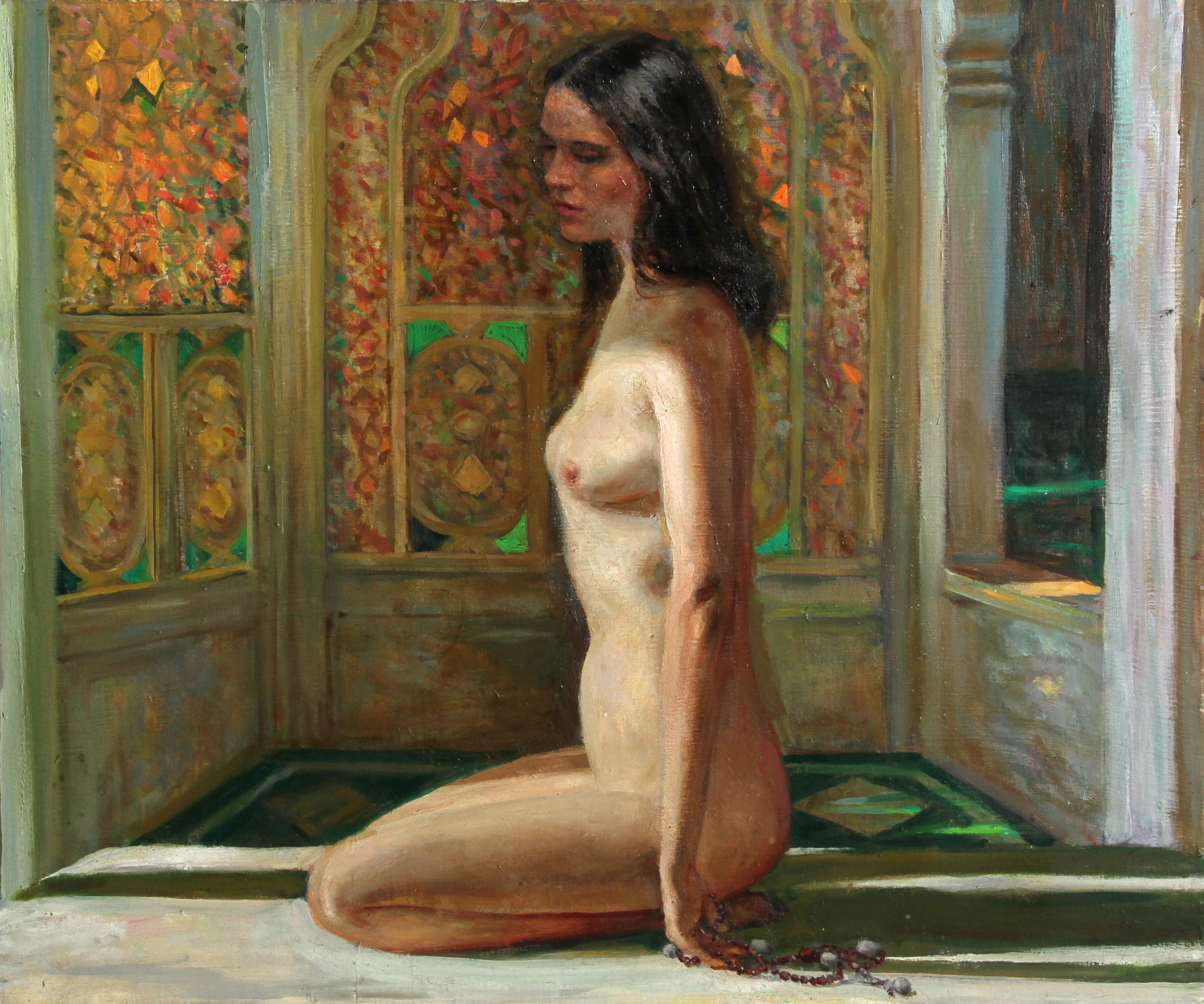 Nude Woman Seated by Stained Glass, Oil Painting by Marshall Goodman