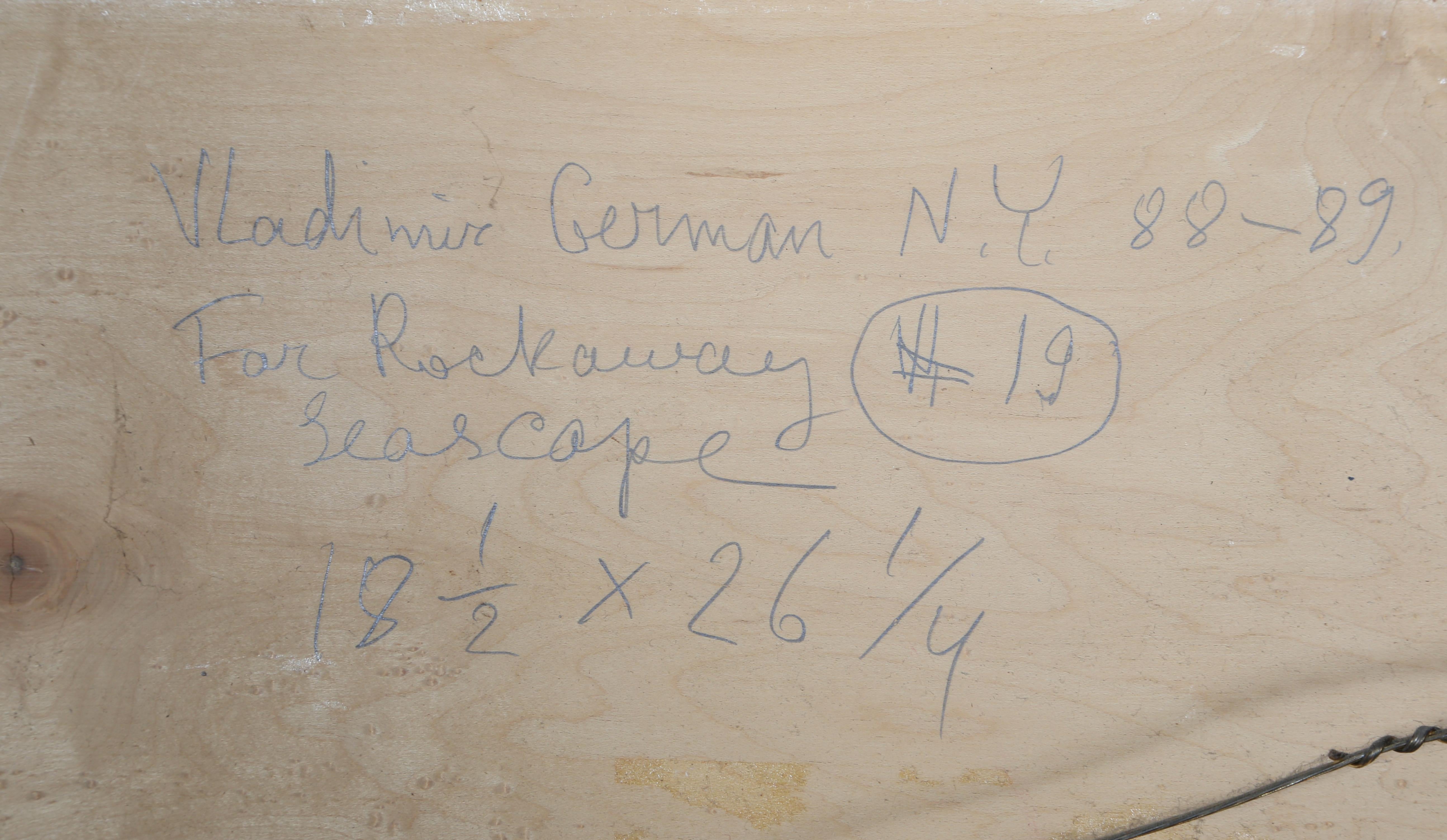 Artist: Vladimir German, Russian/American (1940 - )
Title: Far Rockaway Seascape
Year: 1988 - 89
Medium: Oil on Paper mounted on Board, signed verso
Size: 18.5 in. x 26.25 in. (46.99 cm x 66.68 cm)