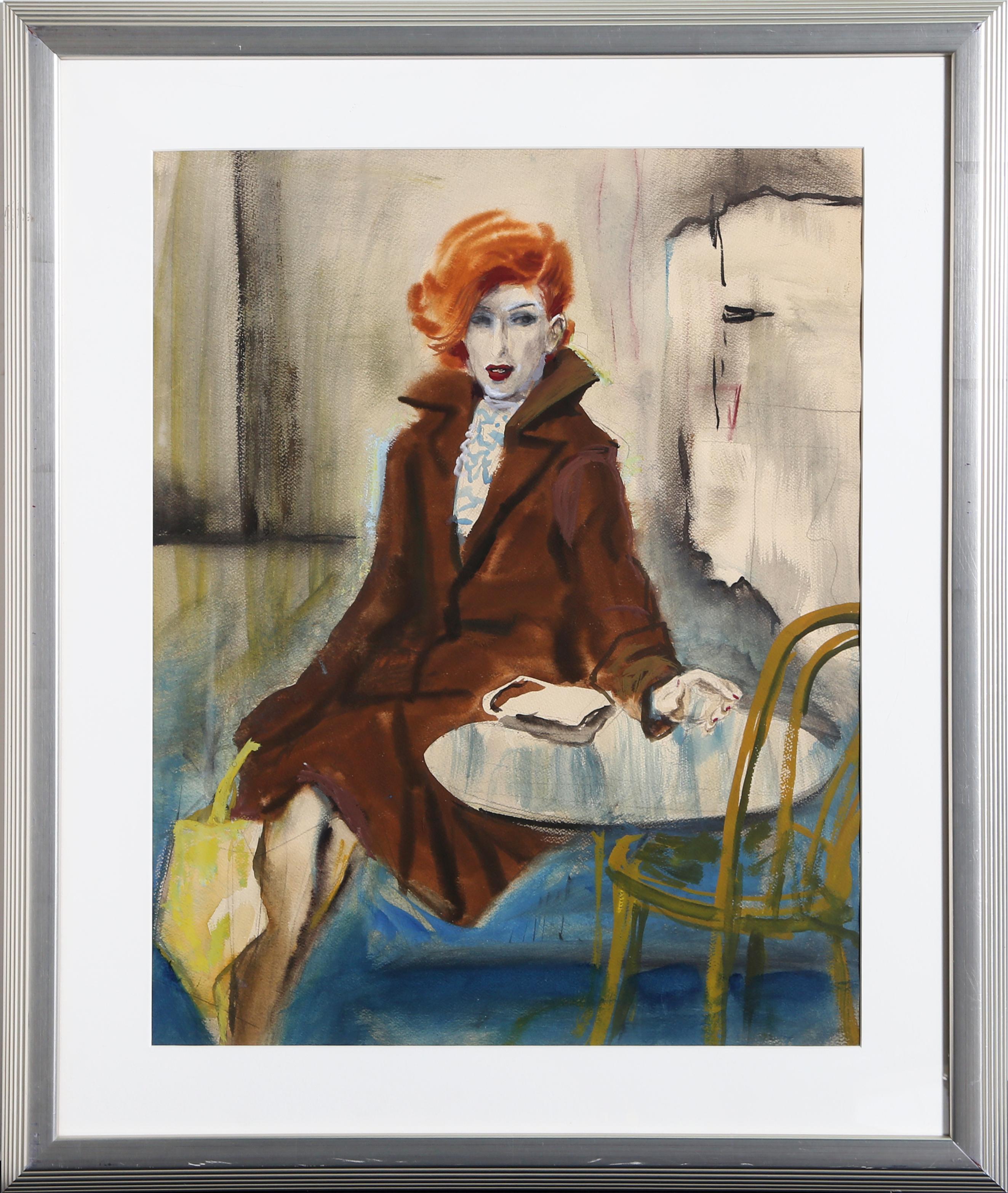 Red-Haired Woman in a Cafe, Watercolor Painting by Marshall Goodman