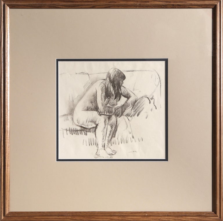 Artist: Leon Kroll, American (1884 - 1974)
Title: Seated Nude 
Medium: Charcoal on paper, signed
Size: 10.25 x 11 inches
Frame Size: 24 x 24 inches