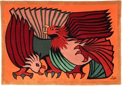 Vintage Orange Fighting Cocks, Woolen Rug Tapestry by Victor Delfin