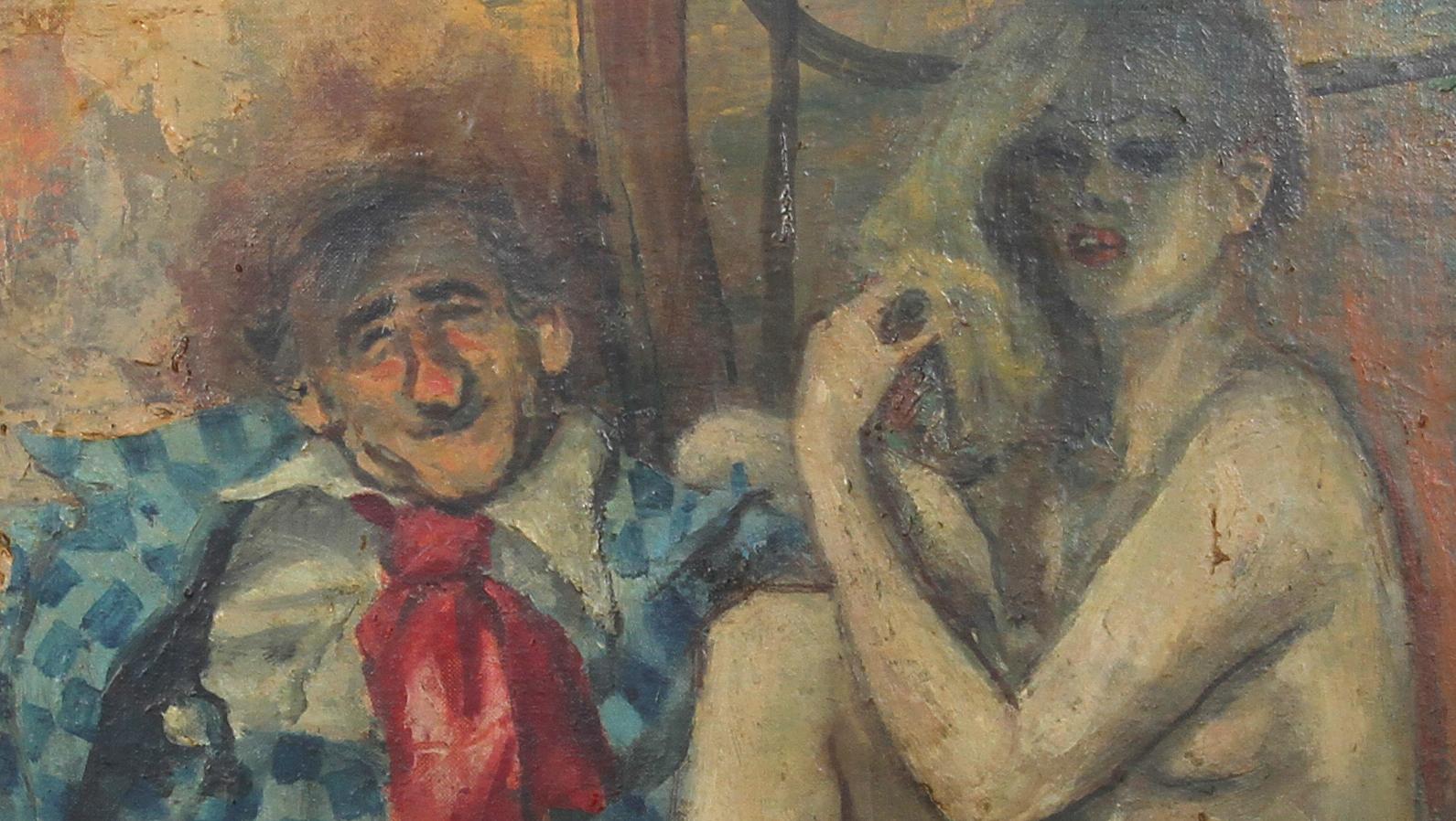 Clown and Nude - Painting by Marshall Goodman