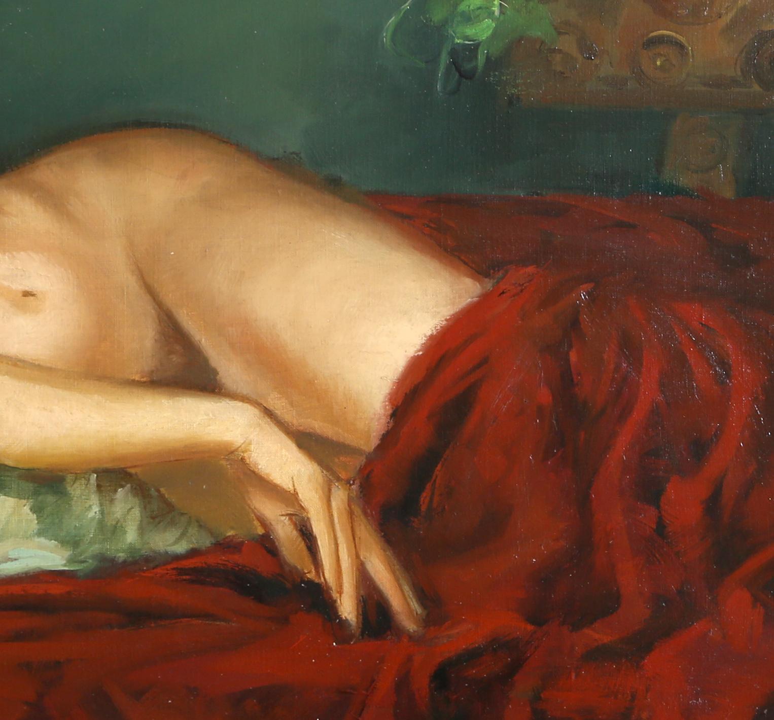 Artist: Daniel Barry
Title: Reclining Nude
Medium: Oil on Canvas, signed
Size: 24 x 48 inches
Frame: 30 x 54 inches