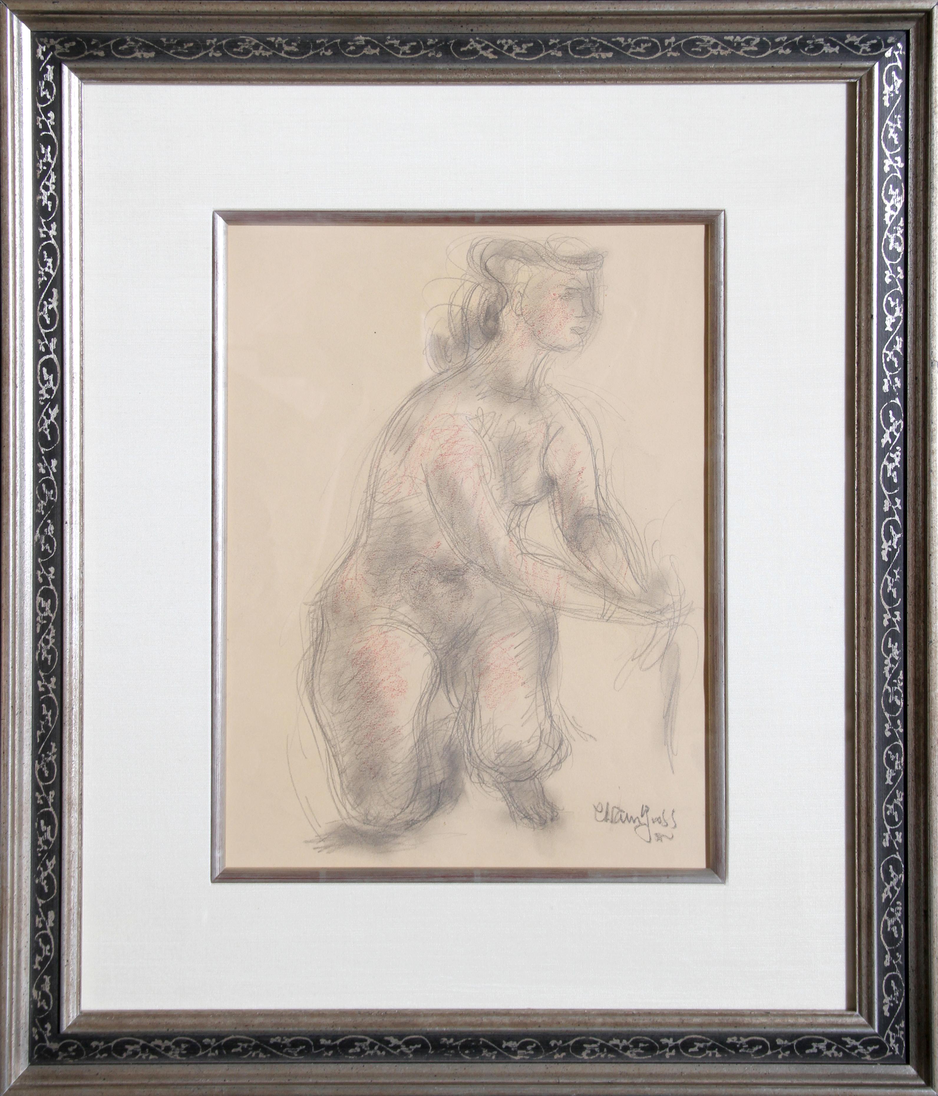 Artist: Chaim Gross, Austrian (1904 - 1991)
Title: Nude Woman
Year: circa 1930
Medium: Graphite and Color Pencil on Paper, signed
Size: 15 in. x 11 in. (38.1 cm x 27.94 cm)
Frame Size: 24 x 20 inches