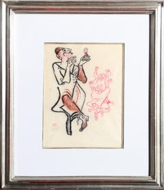 Vintage A Man and his Wine, Wax Crayon Drawing by William Gropper