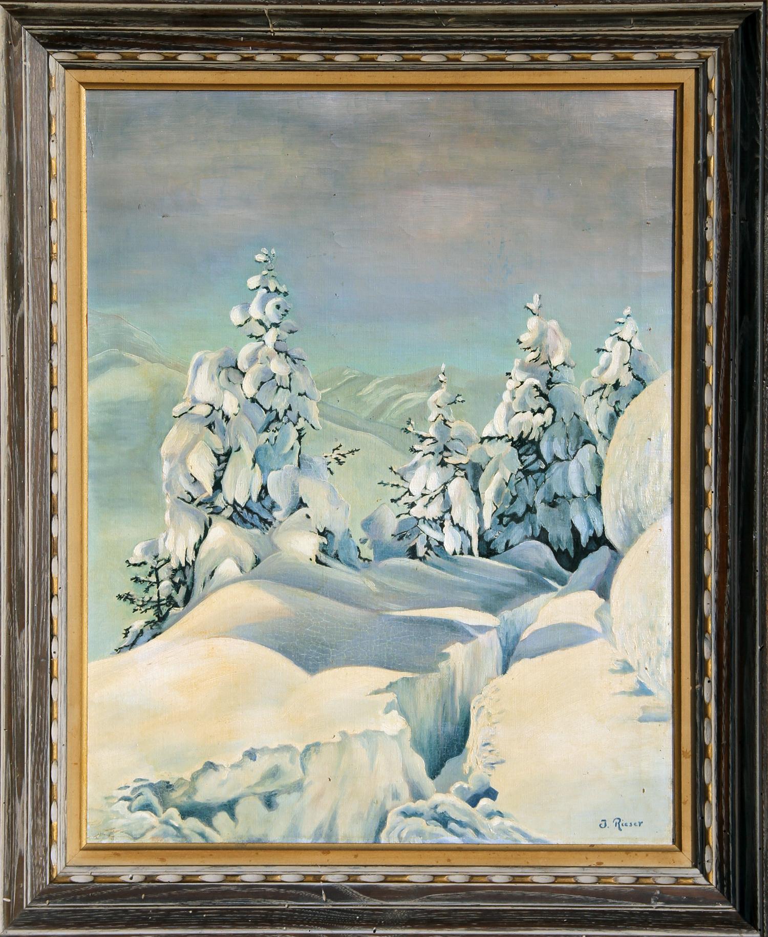 Artista: J. Rieser, svizzero o tedesco del XX secolo
Titolo: Paesaggio innevato
Anno: circa 1935
Medium: Olio su tela, firmato in basso a destra
Dimensioni: 28 x 22 pollici (71,12 cm x 55,88 cm)
Dimensioni della cornice: 34 x 28 pollici