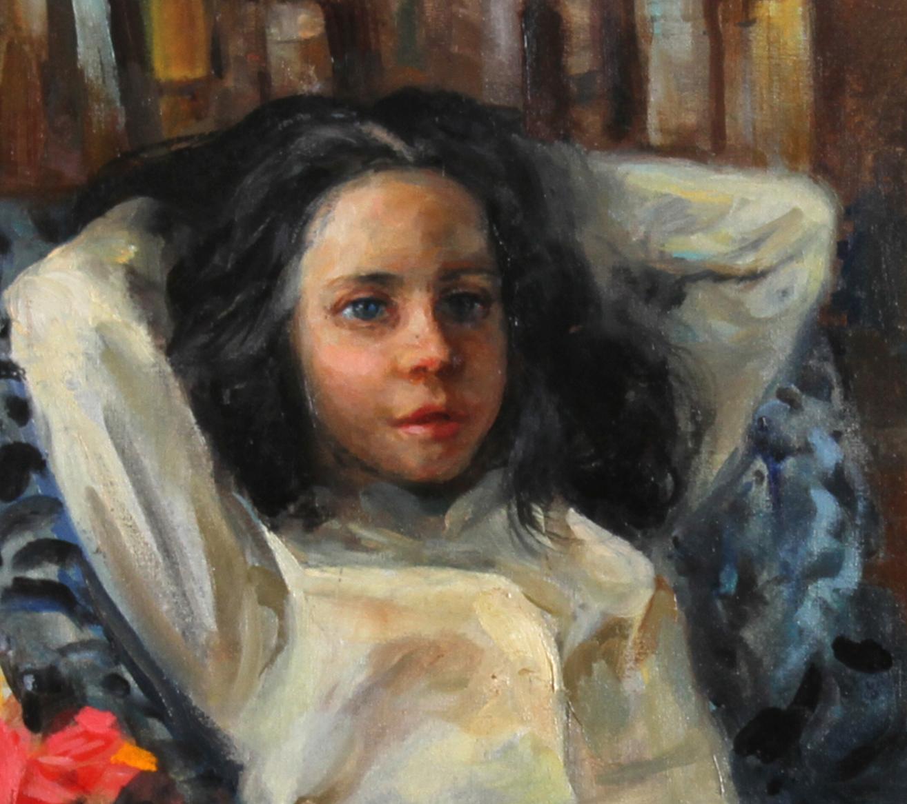 Young Girl on a Couch, Ölgemälde von Marshall Goodman im Angebot 1