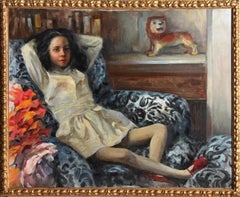 Vintage Young Girl on a Couch, Oil Painting by Marshall Goodman