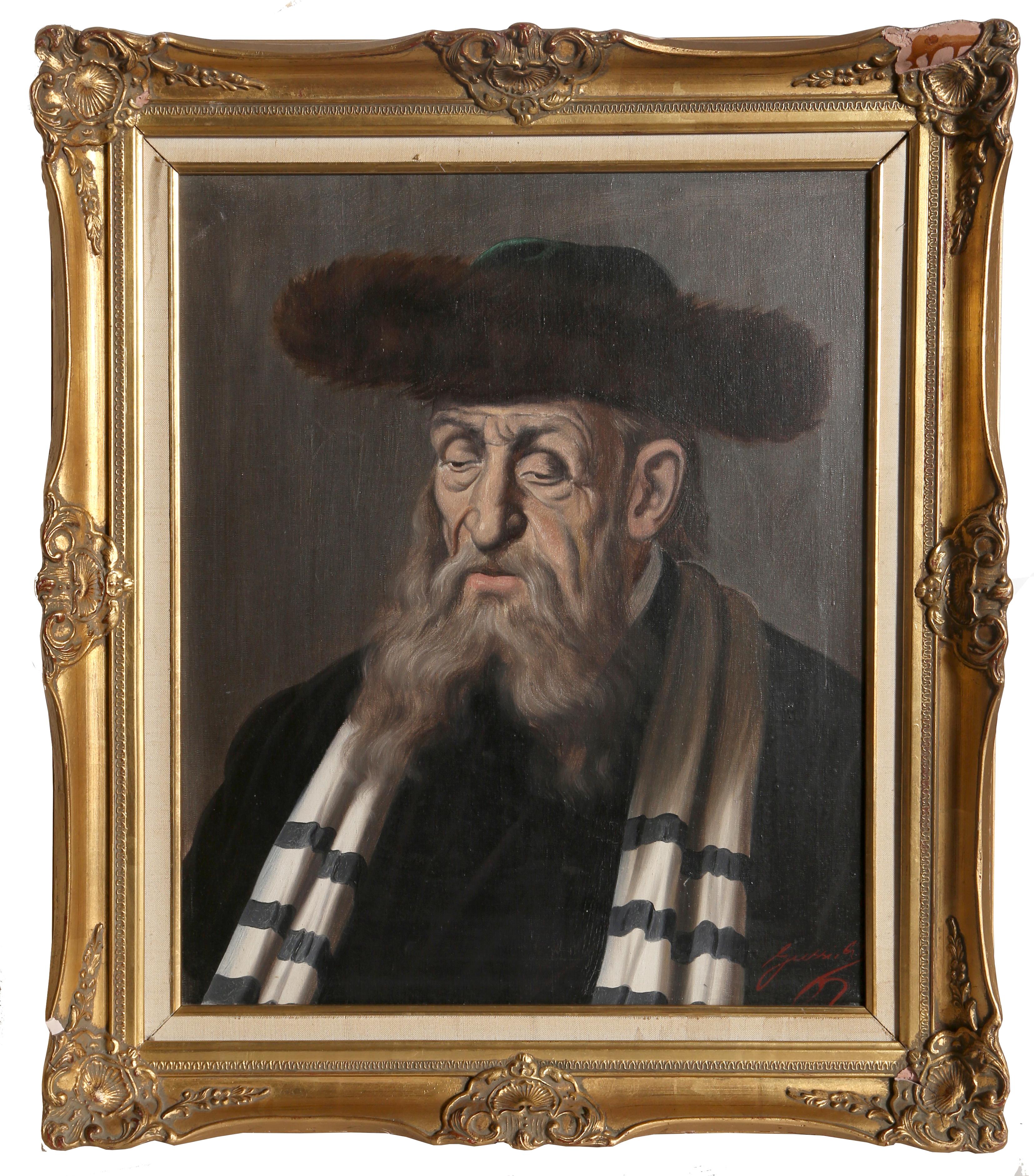 Artiste : Jeno Gussich, Hongrois (1905 - ? ?)
Titre : Rabbin avec un chapeau de fourrure
Moyen : Huile sur toile, signé en bas à droite 
Taille : 24 x 20 pouces
Taille du cadre : 30.5 x 26 pouces