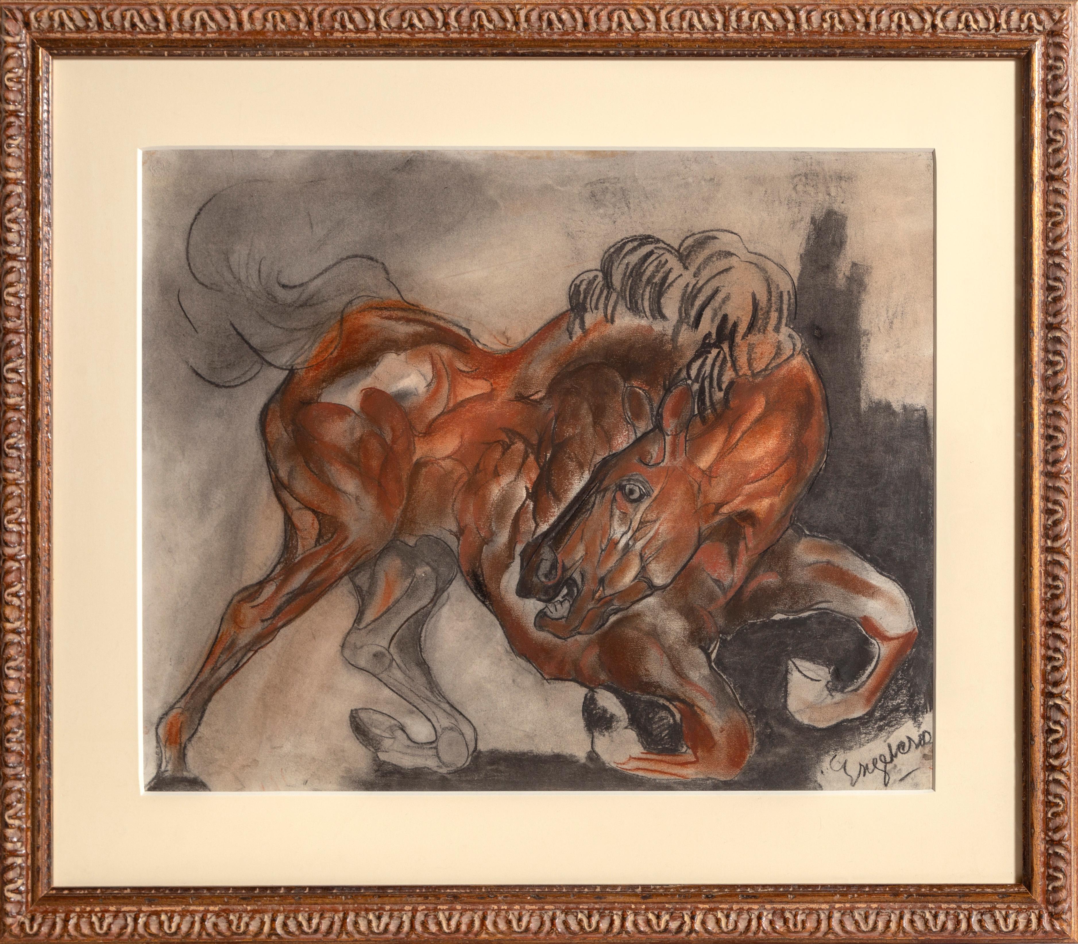 Unknown Figurative Art - Wild Horse, Framed Ink and Pastel Drawing